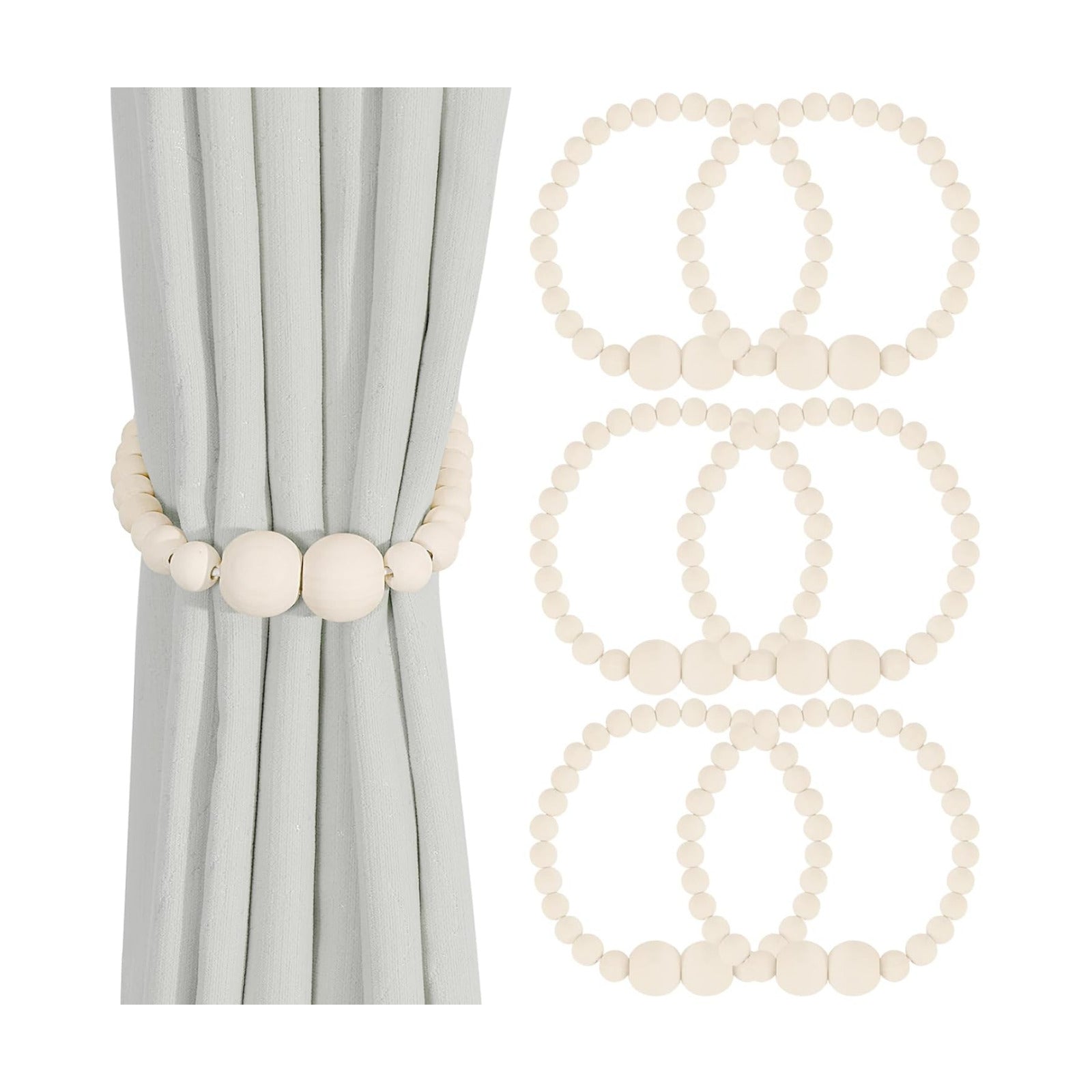 KLOGTSIND Magnetic Curtain Tiebacks, 6 Pack Wood Bead Curtain Holdbacks | Curtain Holders for Bedroom Decor, Boho Room