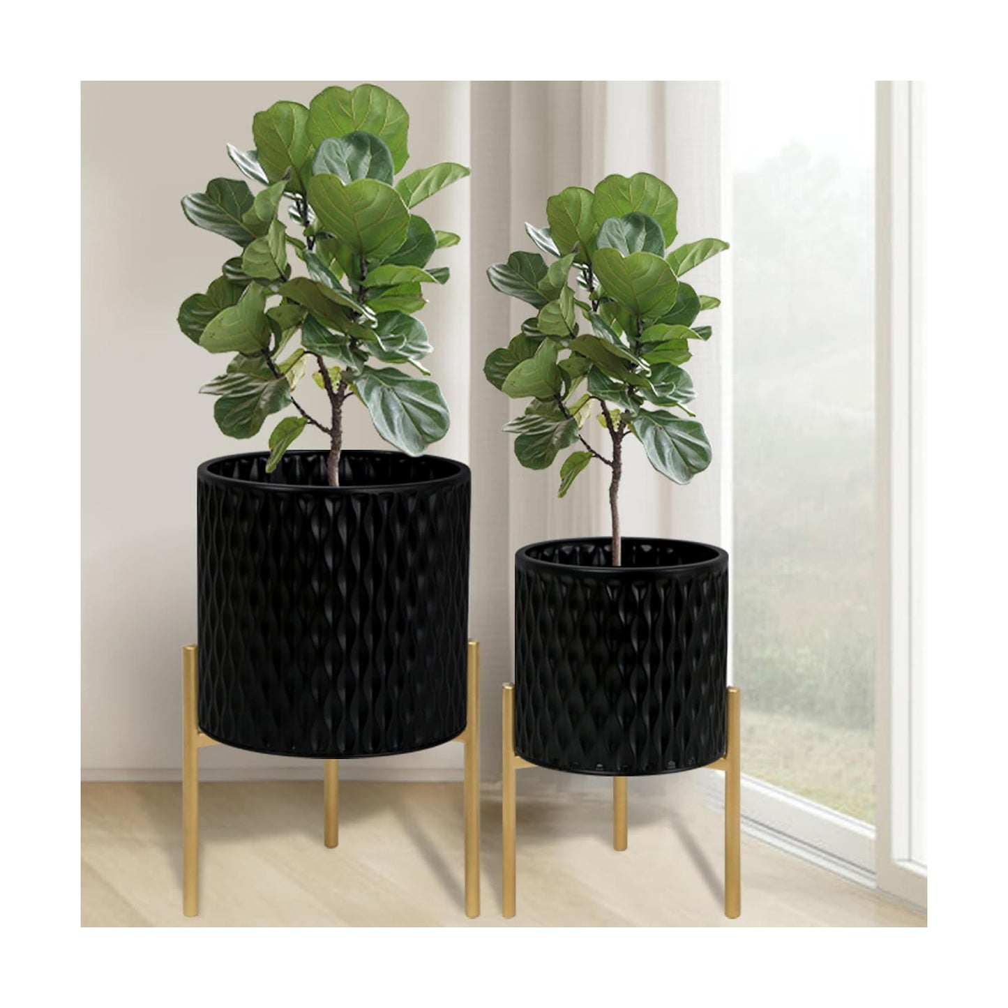 ARNIS Plants Pots with Stand, Set of 2 Planters, Unique Mid Century Decorative Metal Flower Pots with Drainage, 8.25 &