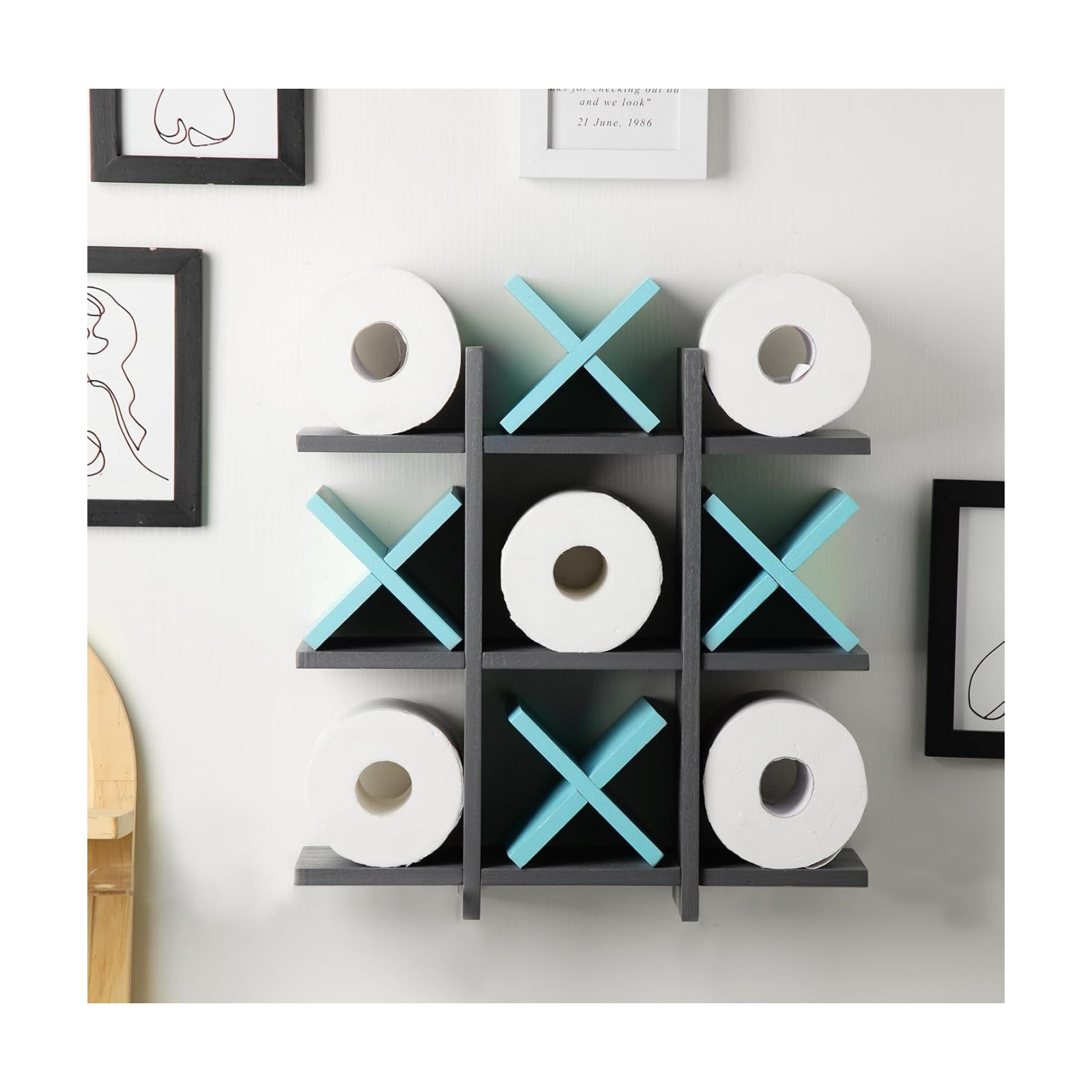 Weysat Tic Tac Toe Toilet Paper Holder,Gray, Light Blue | Farmhouse Bathroom Decor, Freestanding or Wall Mount Storage