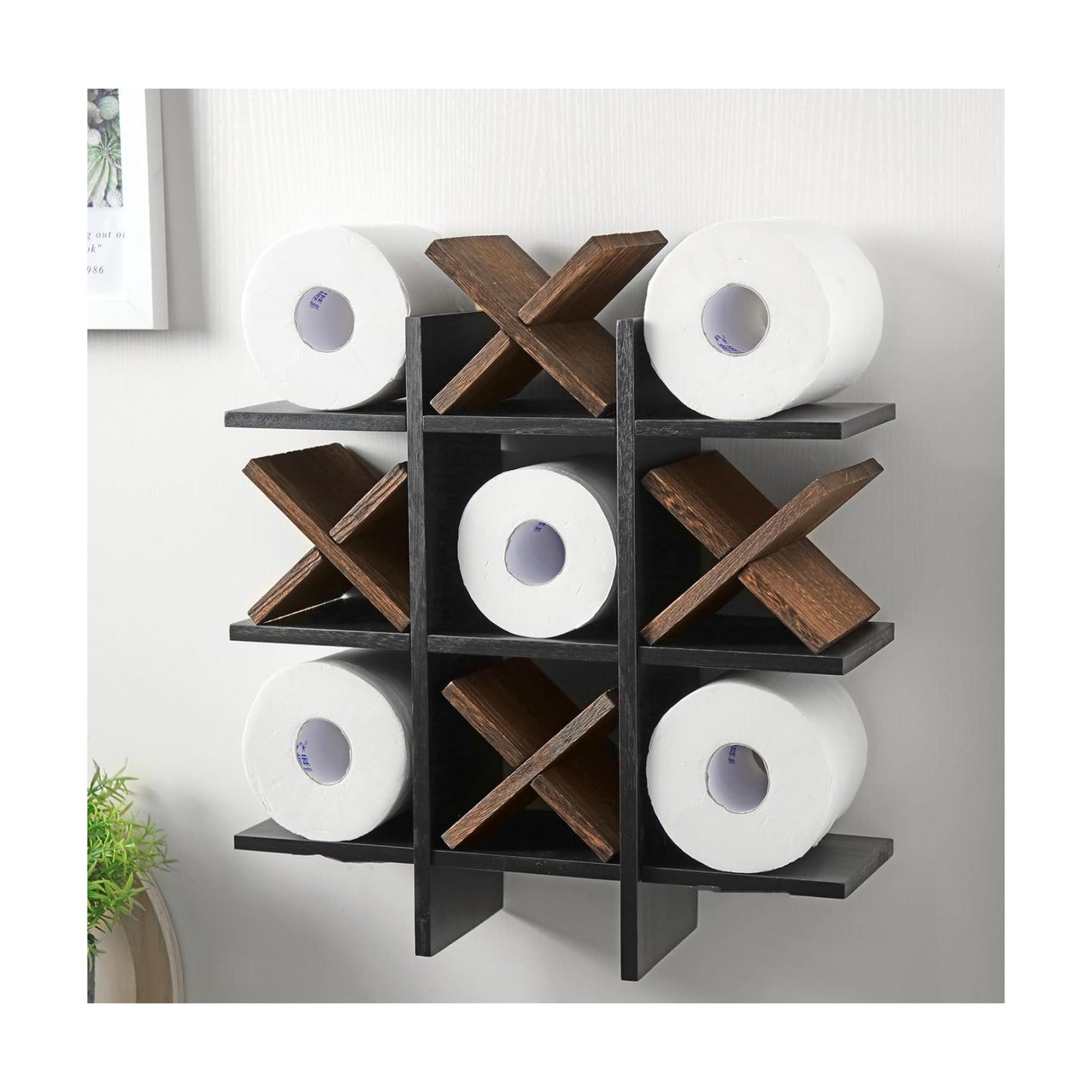 Weysat Tic Tac Toe Toilet Paper Holder,Black, Dark Brown | Farmhouse Bathroom Decor, Freestanding or Wall Mount Storage