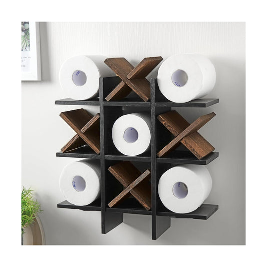 Weysat Tic Tac Toe Toilet Paper Holder,Black, Dark Brown | Farmhouse Bathroom Decor, Freestanding or Wall Mount Storage