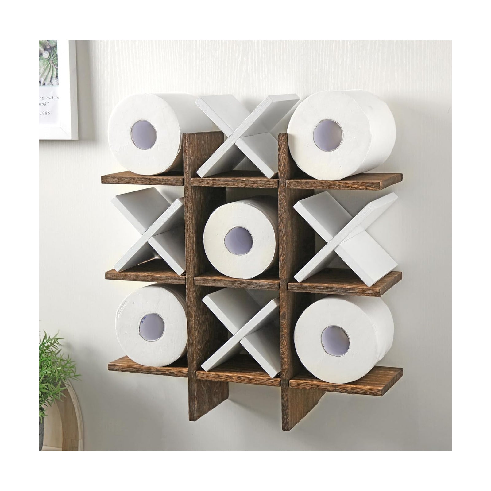 Weysat Tic Tac Toe Toilet Paper Holder,White, Dark Brown | Farmhouse Bathroom Decor, Freestanding or Wall Mount Storage