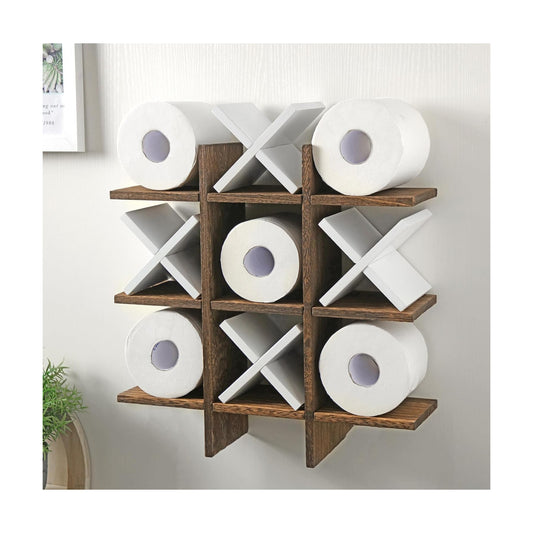 Weysat Tic Tac Toe Toilet Paper Holder,White, Dark Brown | Farmhouse Bathroom Decor, Freestanding or Wall Mount Storage