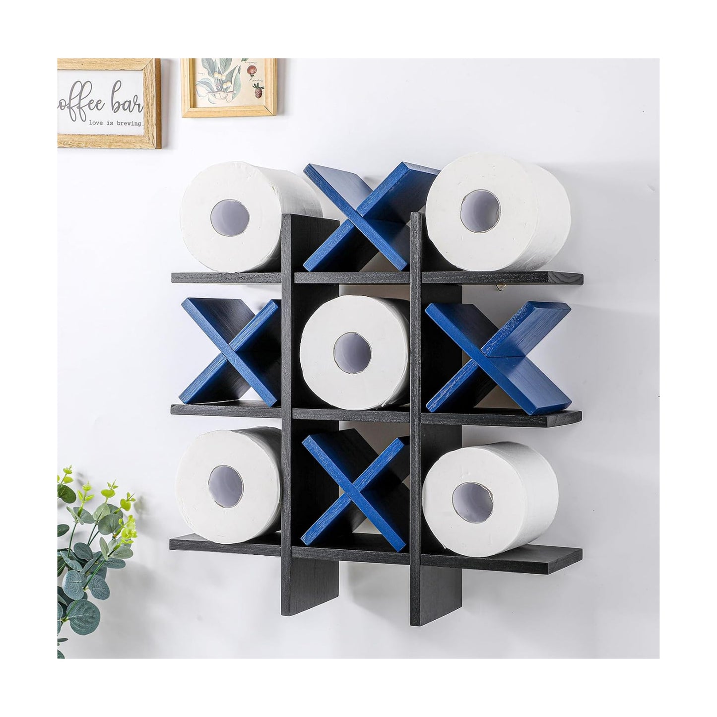 Weysat Tic Tac Toe Toilet Paper Holder,Black, Dark Blue | Farmhouse Bathroom Decor, Freestanding or Wall Mount Storage
