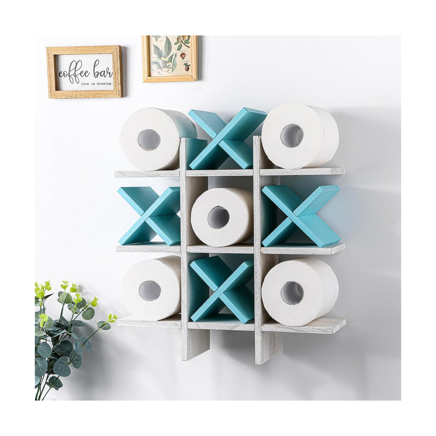 Weysat Tic Tac Toe Toilet Paper Holder,White, Light Blue | Farmhouse Bathroom Decor, Freestanding or Wall Mount Storage