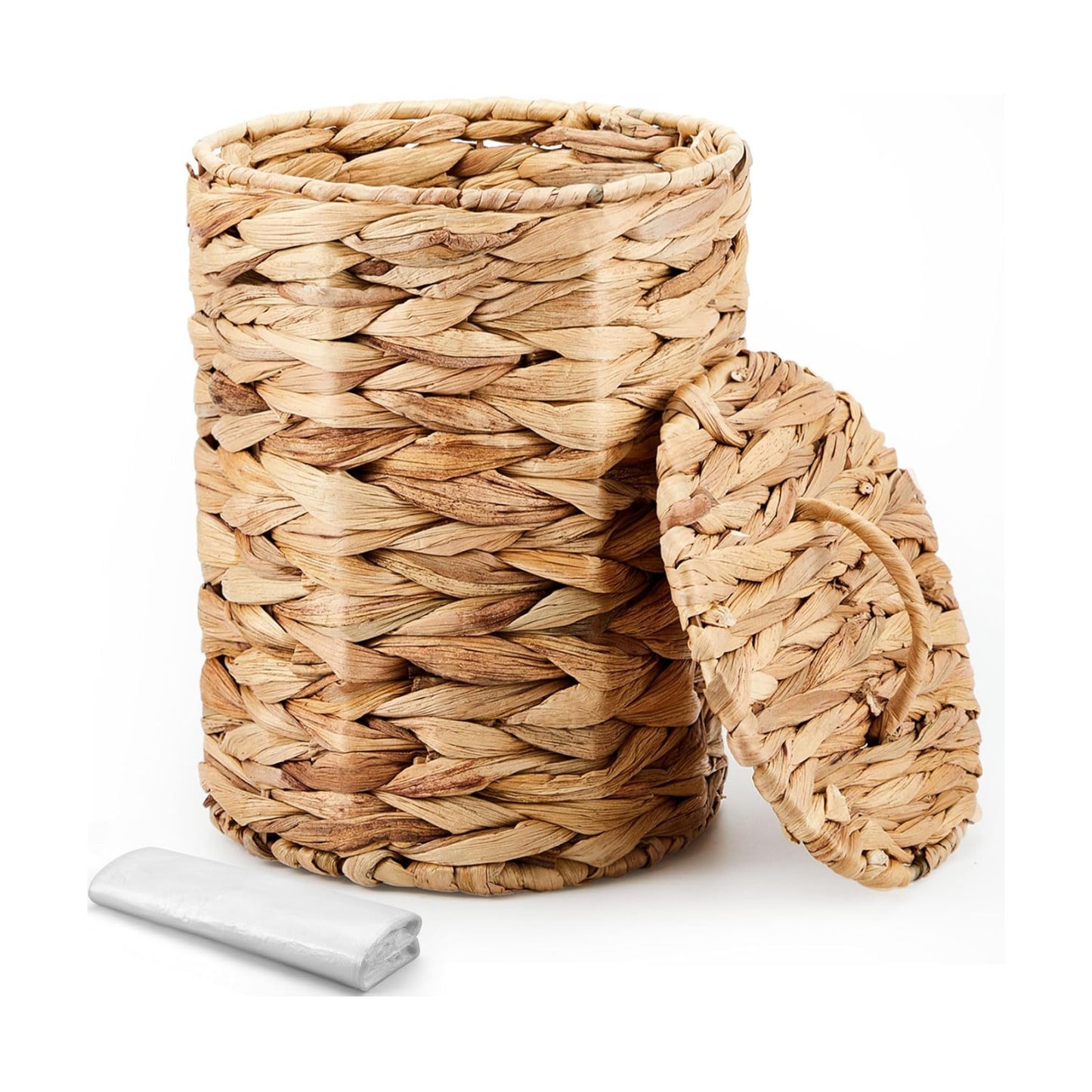 Lid Handle Boho Woven Braided Bathroom Waste Basket Trash Can / Natural / 1.3 Gallons / Round