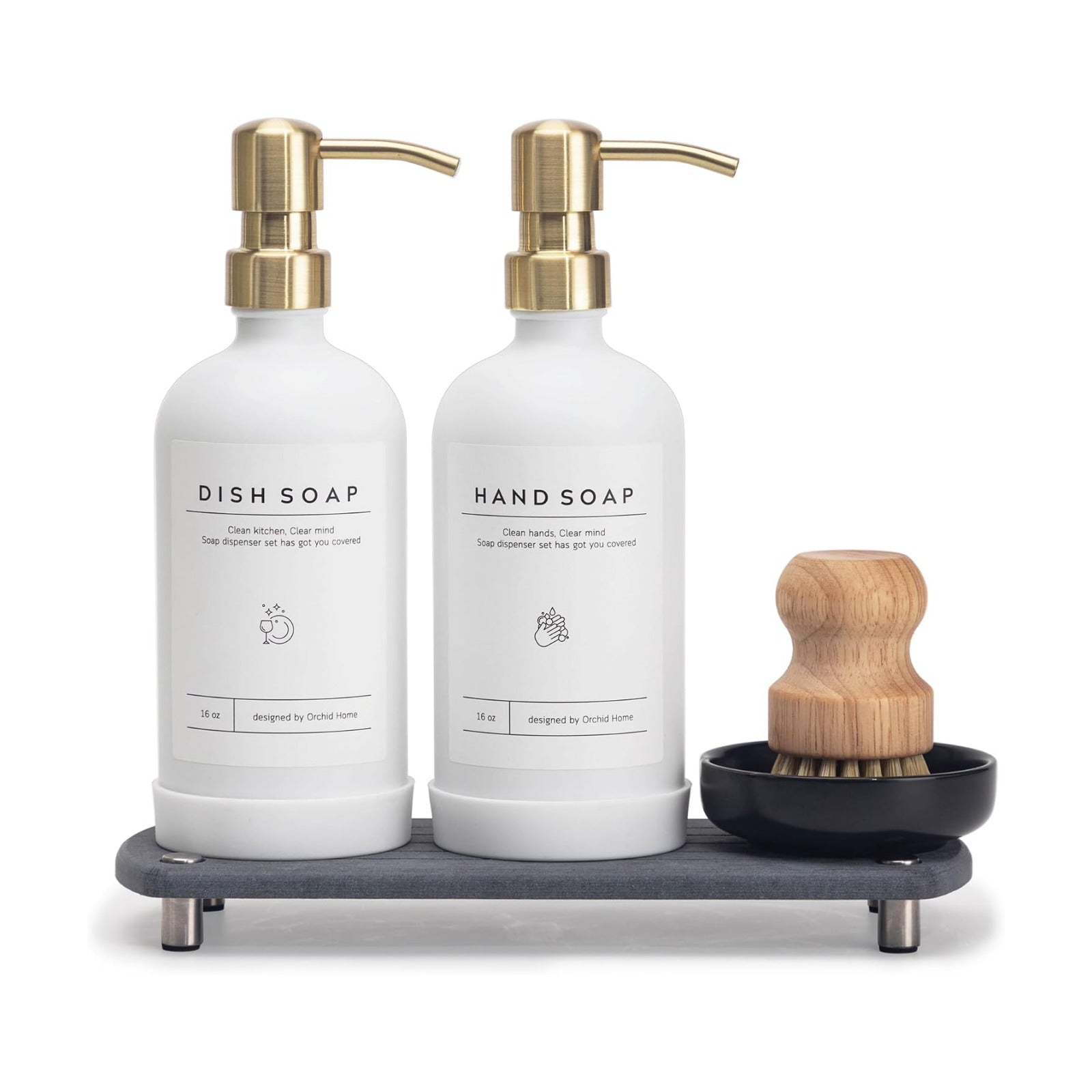 [Luxury] Kitchen Soap Dispenser Set - 16OZ White Glass Bottle, Stainless Steel Pump, Instant Dry Tray, Waterproof