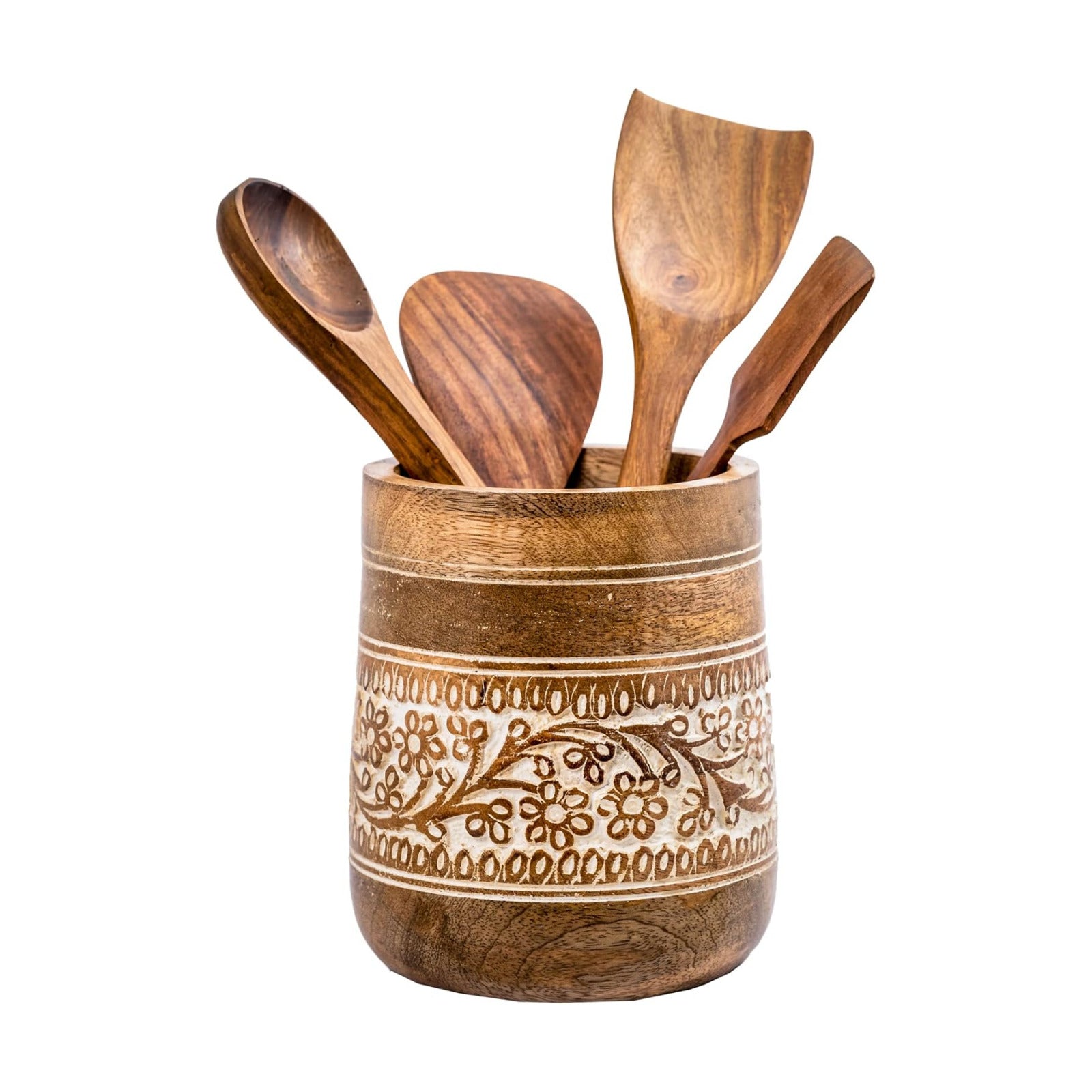 Mie Creations Farmhouse 7'' Large Wooden Utensil Holder, White Floral | Natural Mango Wood, Handcrafted Design, Cooking
