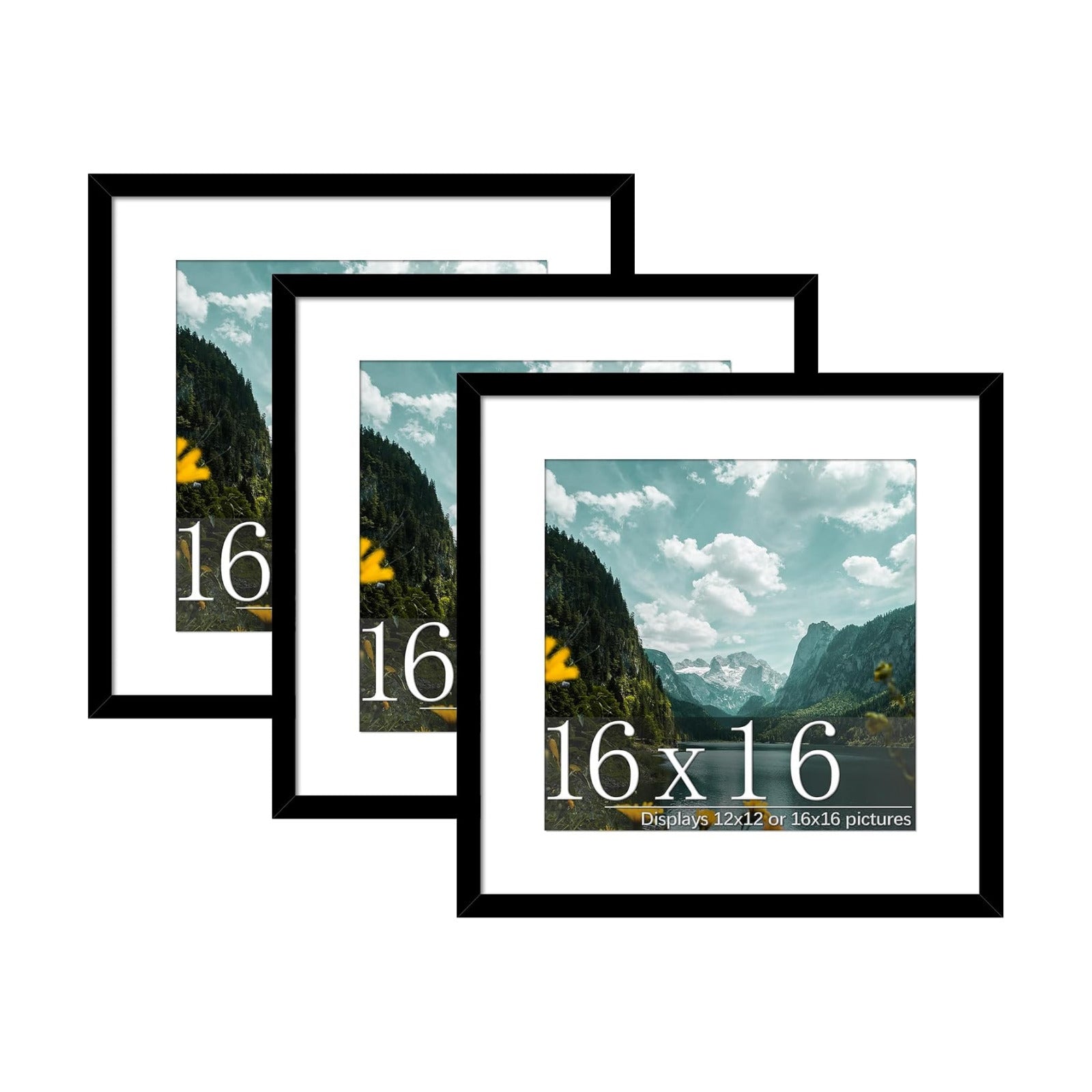 16x16 Black Picture Frame, Poster Frame for Wall, 3 Pack | Fits 12x12 Photos With Mat or 16x16 Without Mat, Square Wall