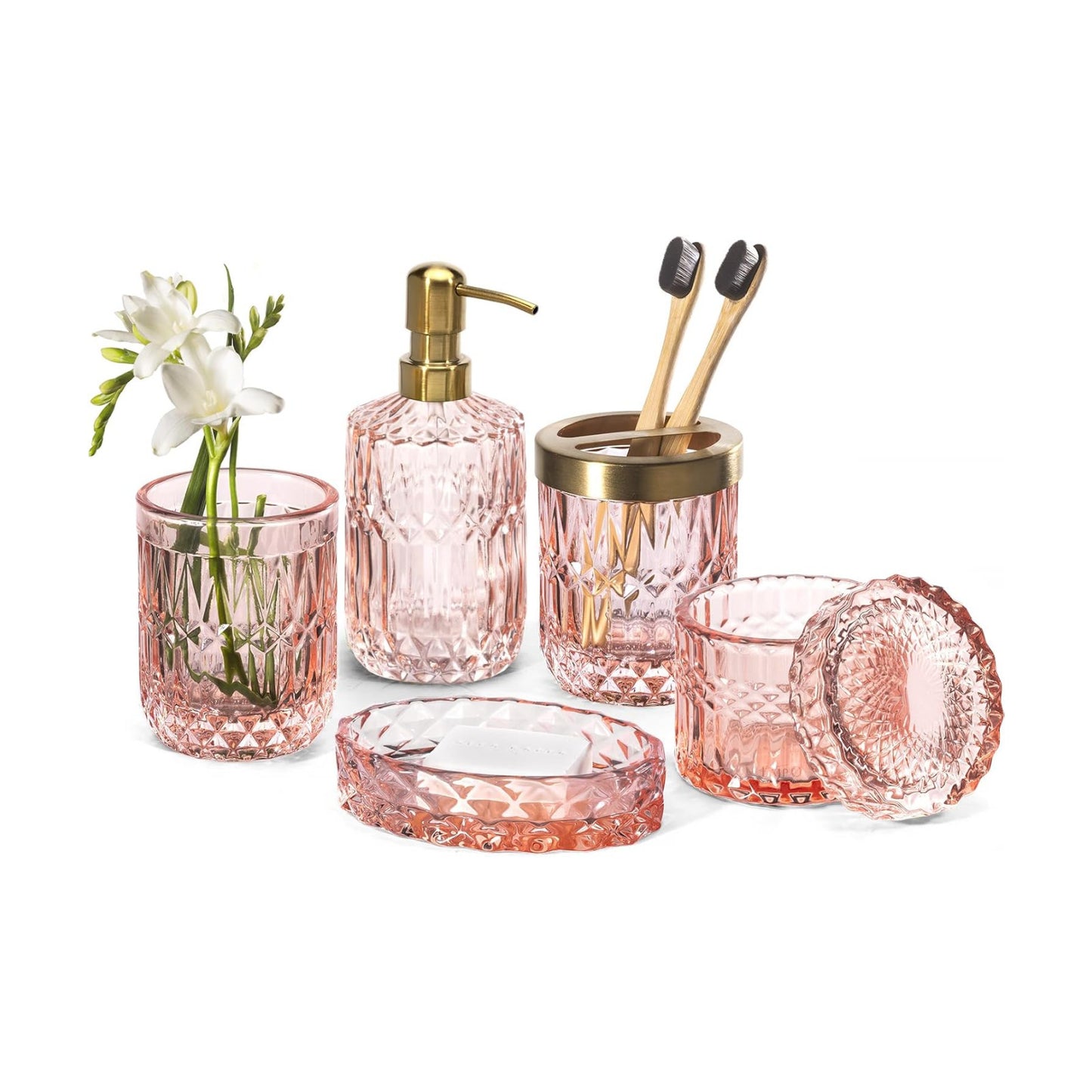 EMPO 6PCS Bathroom Clear Glass Accessories Set (Lotion Soap Dispenser, Soap Dish, Toothbrush Holder, Tumbler, Cotton