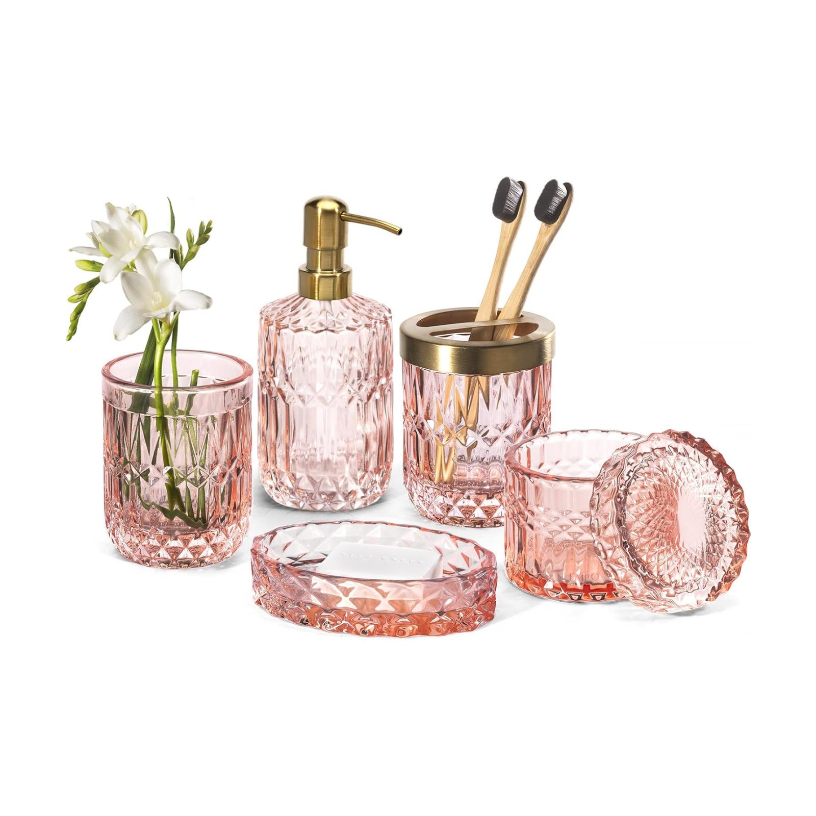 EMPO 6PCS Bathroom Clear Glass Accessories Set (Lotion Soap Dispenser, Soap Dish, Toothbrush Holder, Tumbler, Cotton