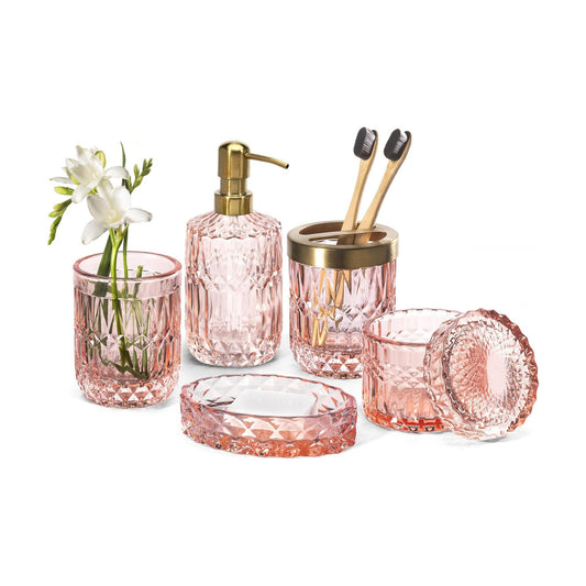 EMPO 6PCS Bathroom Clear Glass Accessories Set (Lotion Soap Dispenser, Soap Dish, Toothbrush Holder, Tumbler, Cotton
