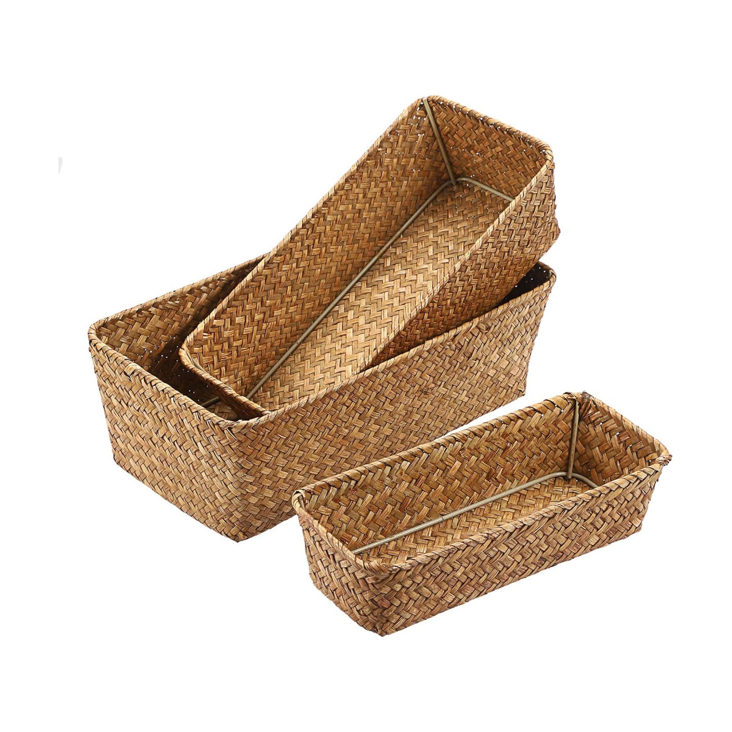3 Wicker Basket Set Rectangular Handwoven Seagrass Basket Storage / Caramel / Natural / Set of 3