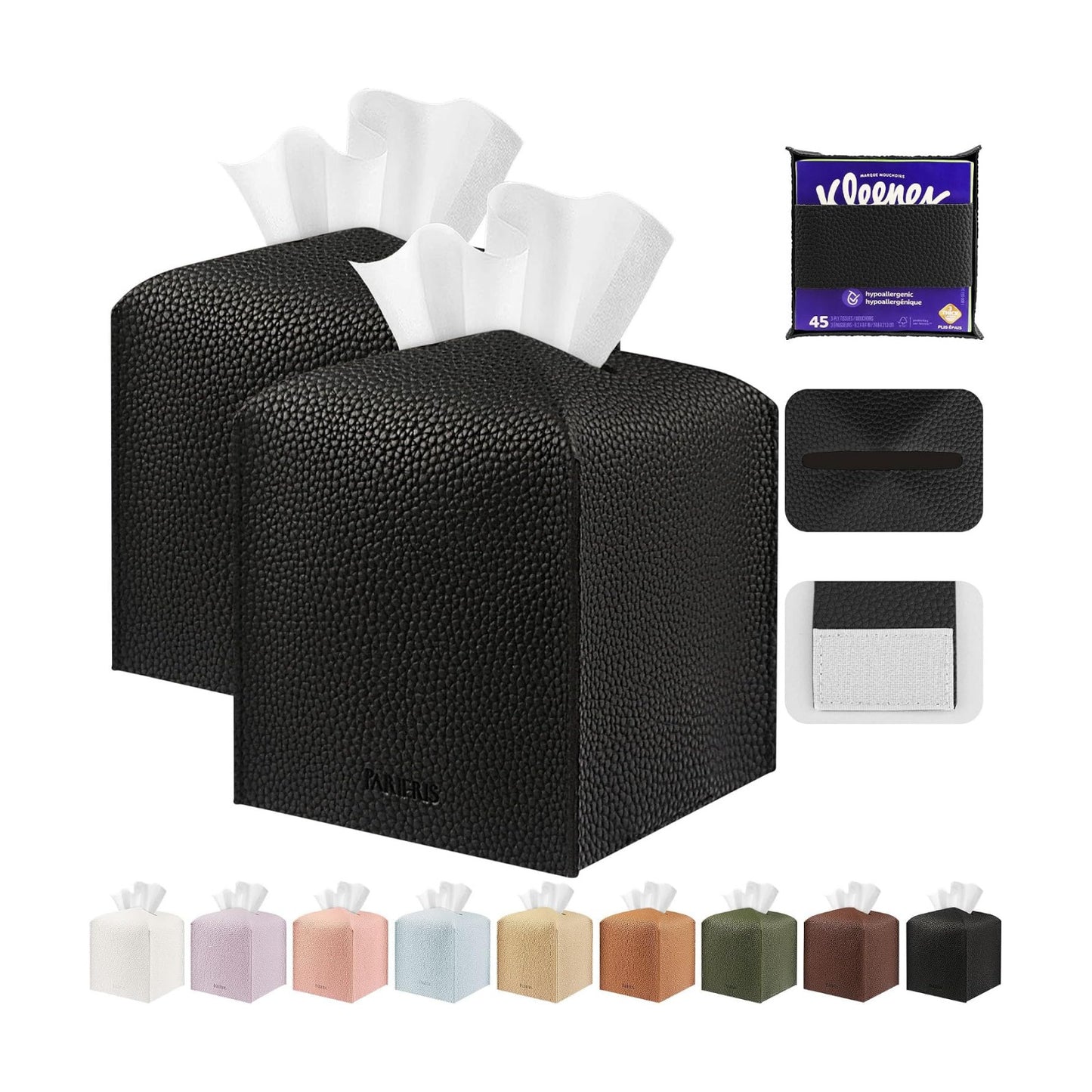 Tissue Box Cover Holder Square Tissue Cube Cover PU Leather Tissue Organizer / Black / Set of 2
