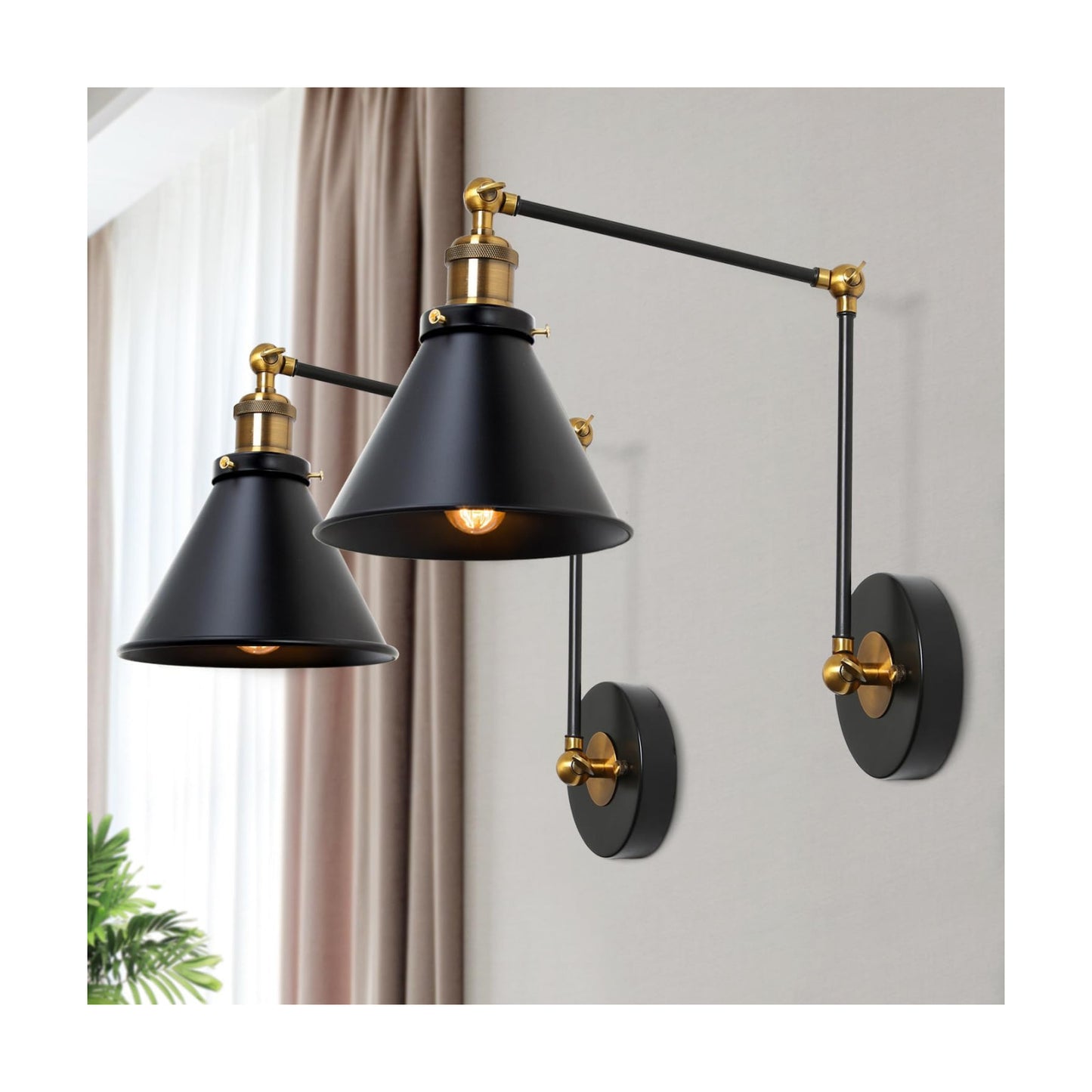 Black Wall Sconces Lighting, 2 Pack Modern Industrial Swing Arm Plug in or Hardwired Adjustable Wall Lamp with Antique
