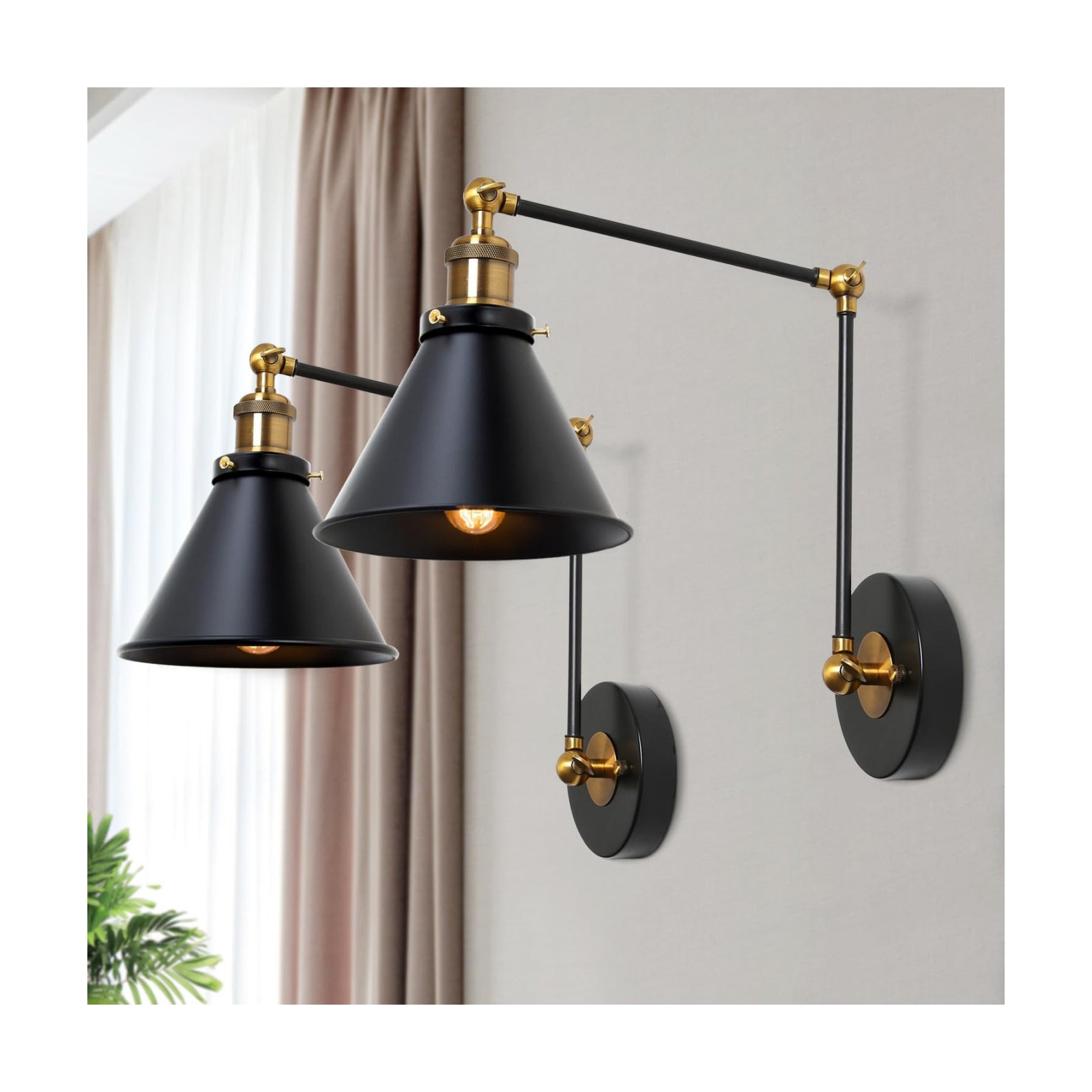 Black Wall Sconces Lighting, 2 Pack Modern Industrial Swing Arm Plug in or Hardwired Adjustable Wall Lamp with Antique