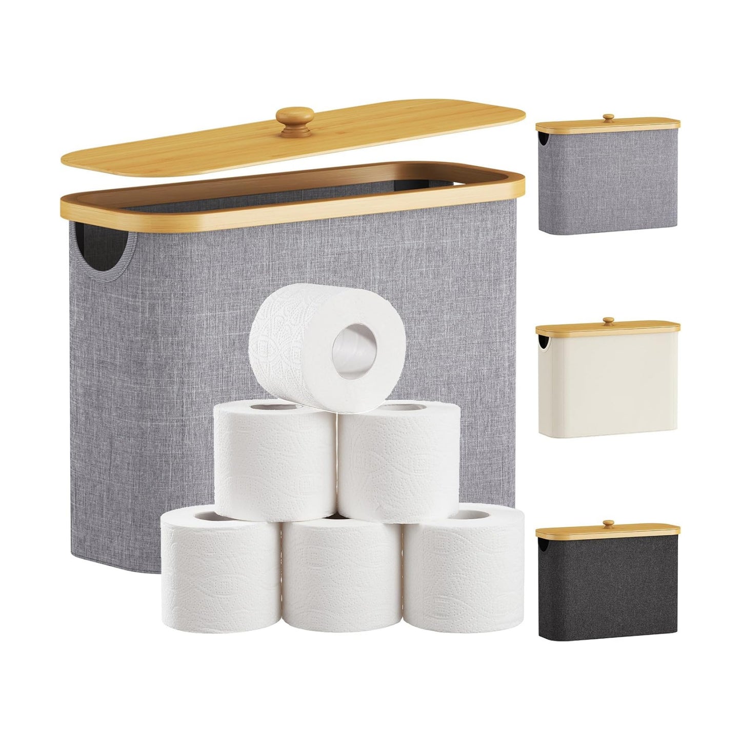 Lifewit Toilet Paper Storage Holder, Large Stand Basket, 23L, Light Gray | 9 to 12 Rolls, Large Paper Stand with Bamboo