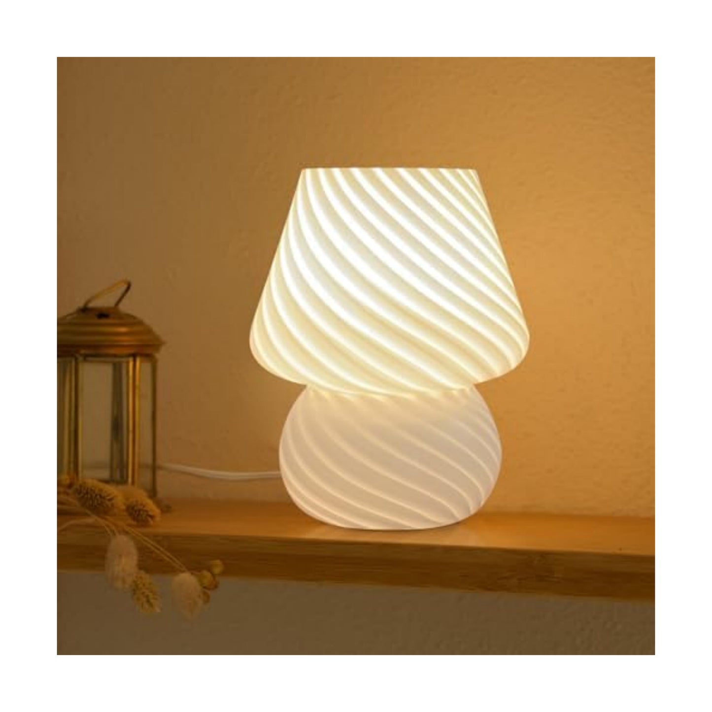 ONEWISH Mushroom Lamp-Small Bedside Table Lamp with Striped Glass, Nightstand Lamp for Bedroom, Living Room, 3000K E26