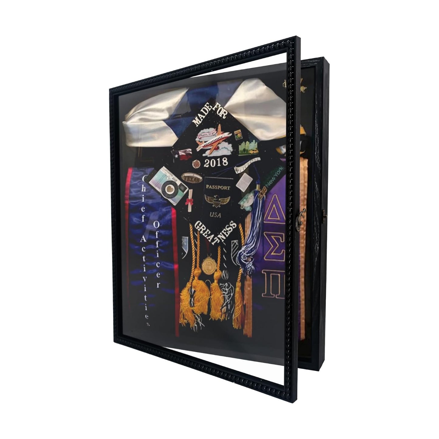 FramePro Large Shadow Box Black 16x20 Front Open with Hinge Beaded Designed, Graduation Cap and Gown Picture Keepsake