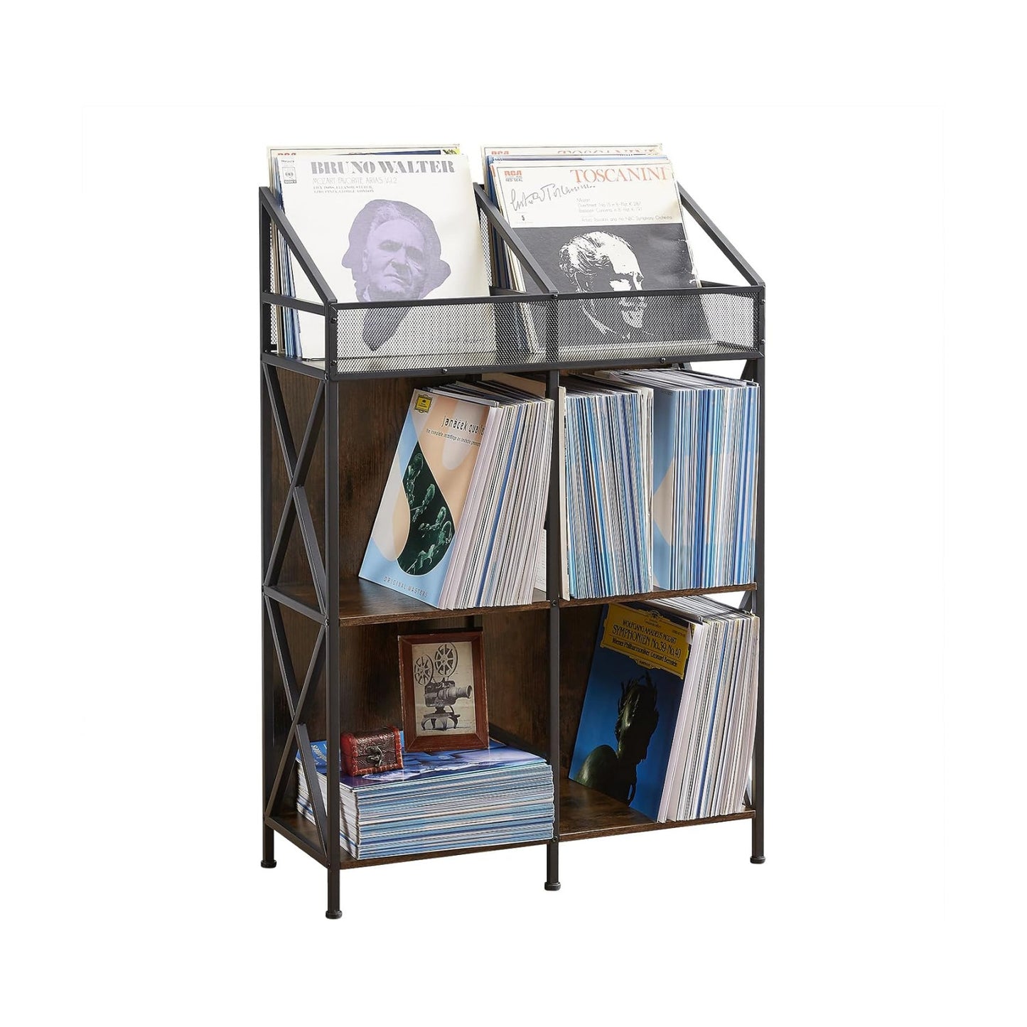 EYOCAL 6 Grids Vinyl Record Storage Holder Rack， Wooden Record Display Table for Magazines Files Albums Books for