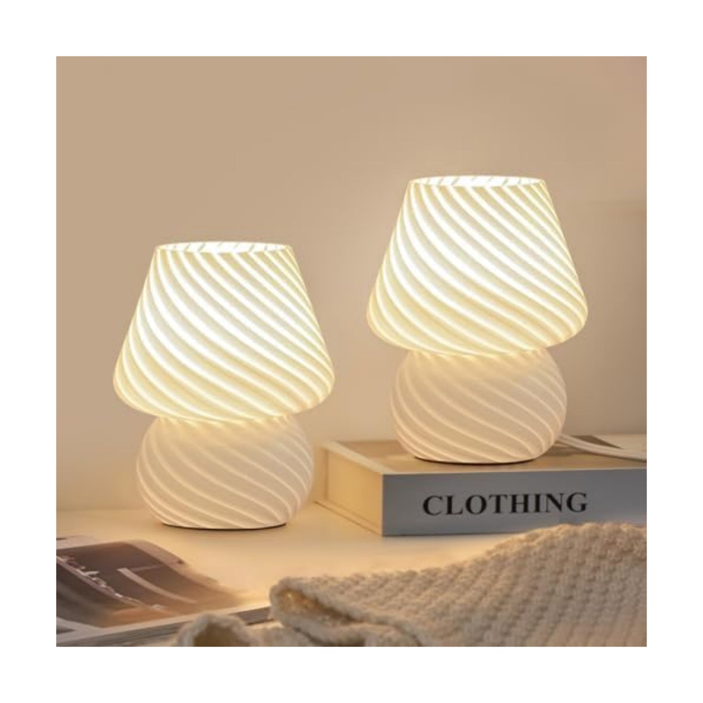 ONEWISH Mushroom Lamps Set of 2 - Small Bedside Table Lamp with Striped Glass, Nightstand Lamp for Bedroom, Living