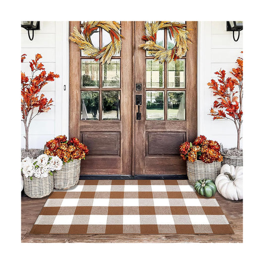 Homydecor Buffalo Plaid Outdoor Rugs, 28'' x 43'' Coffe and White Checkered Area Rug, Layering Rug for Hello/Welcome Door Mat, Washable Cotton Woven Farmhouse Mat for Front Porch Décor