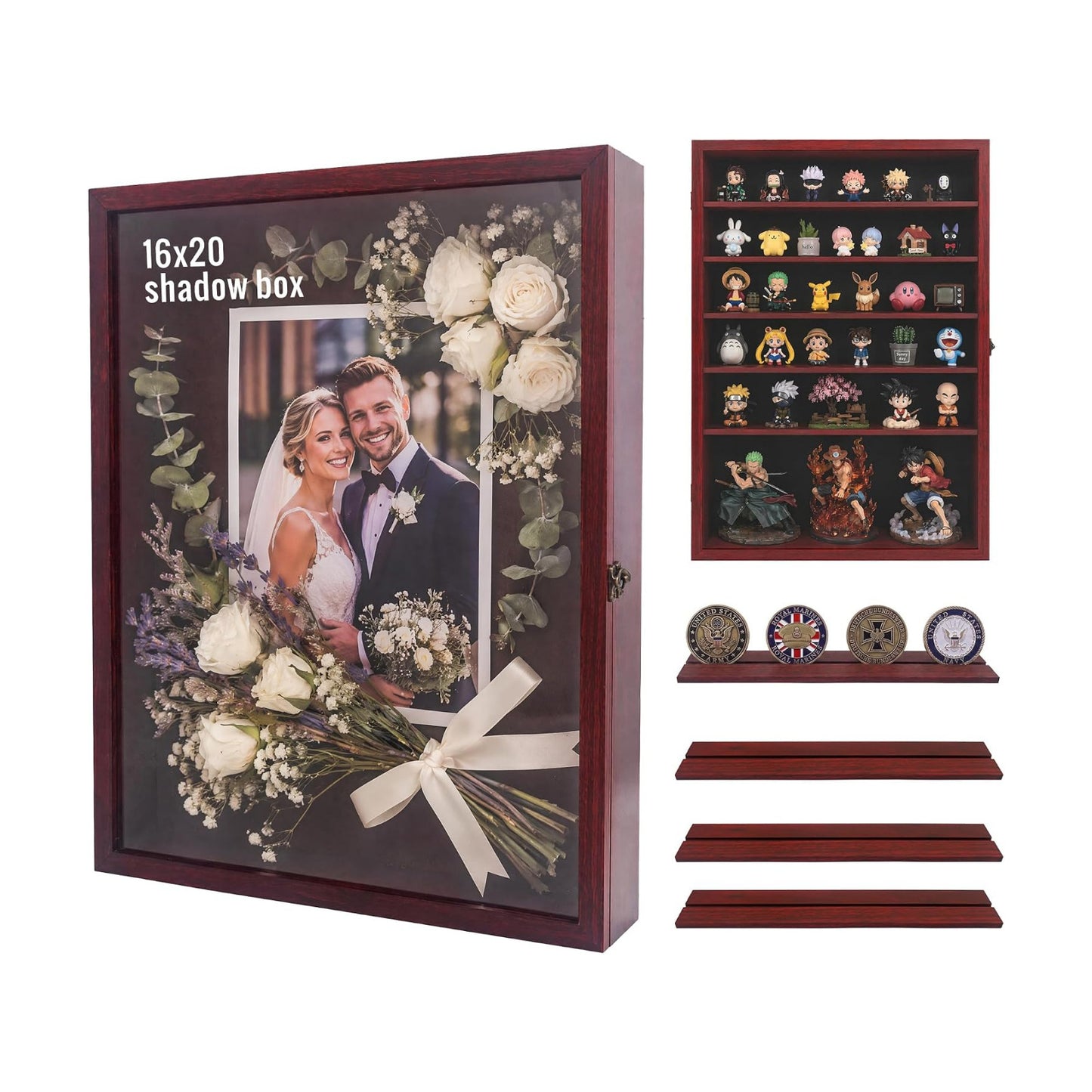 16x20 Wooden Shadow Box Frame with Removable Shelves Deep Display Case for Military Medals Keepsakes Cherry