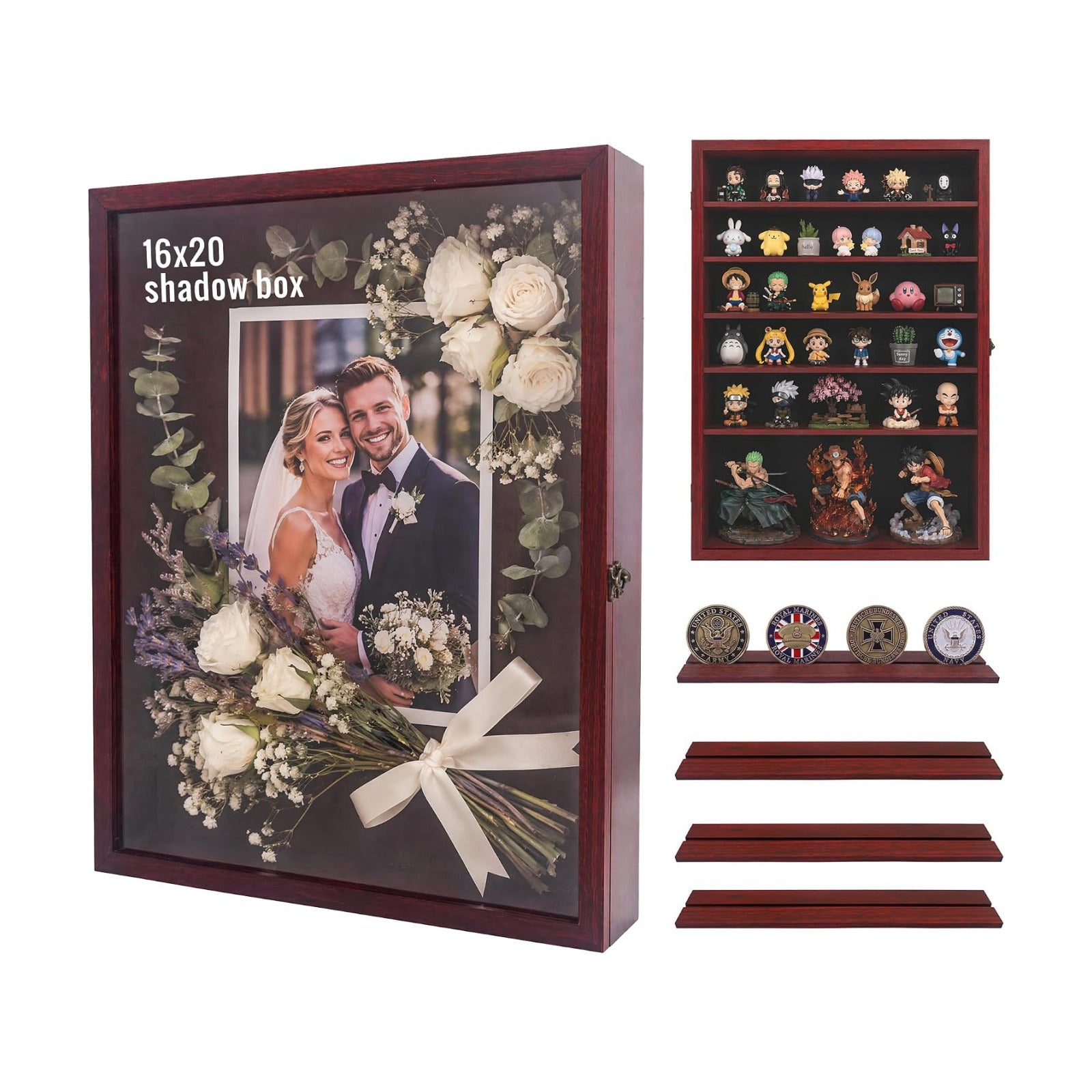 16x20 Wooden Shadow Box Frame with Removable Shelves Deep Display Case for Military Medals Keepsakes Cherry