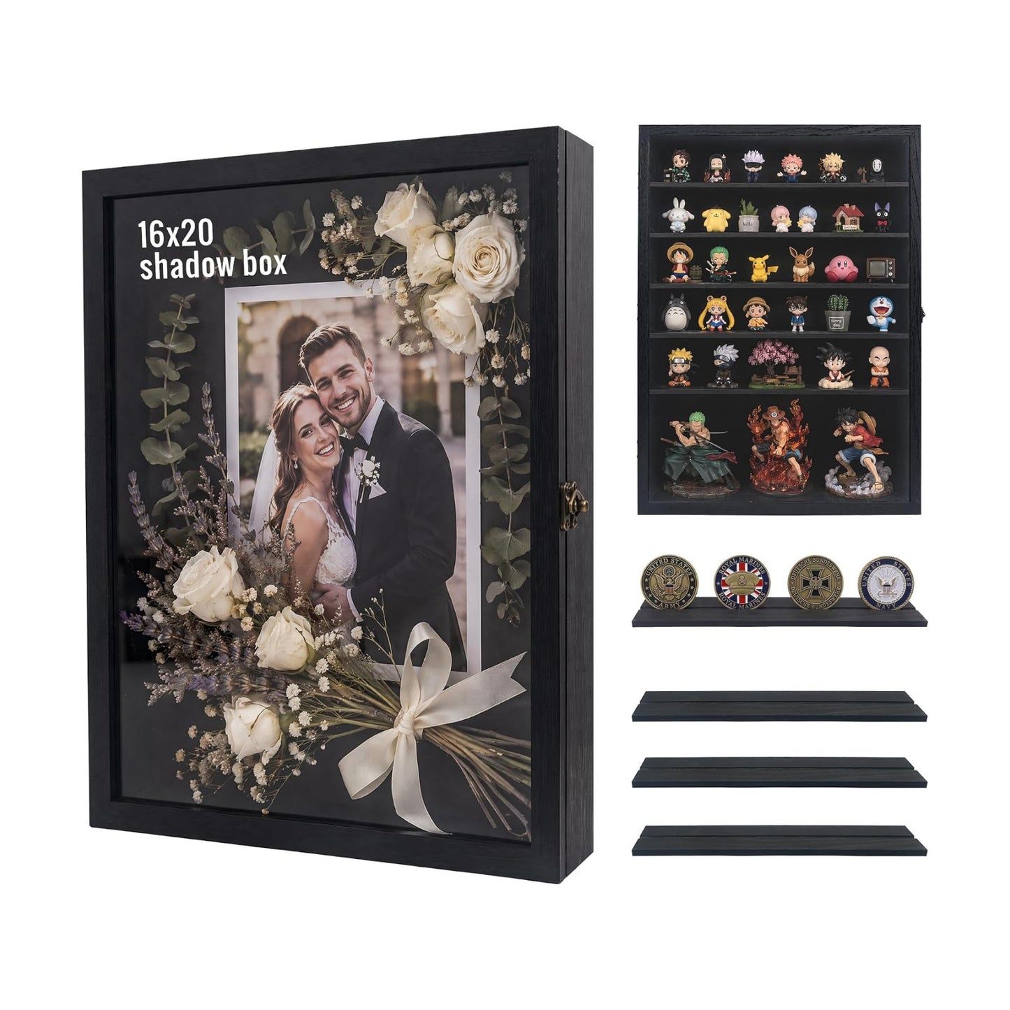 16x20 Wooden Shadow Box Frame with Removable Shelves Deep Display Case for Military Medals Keepsakes Black