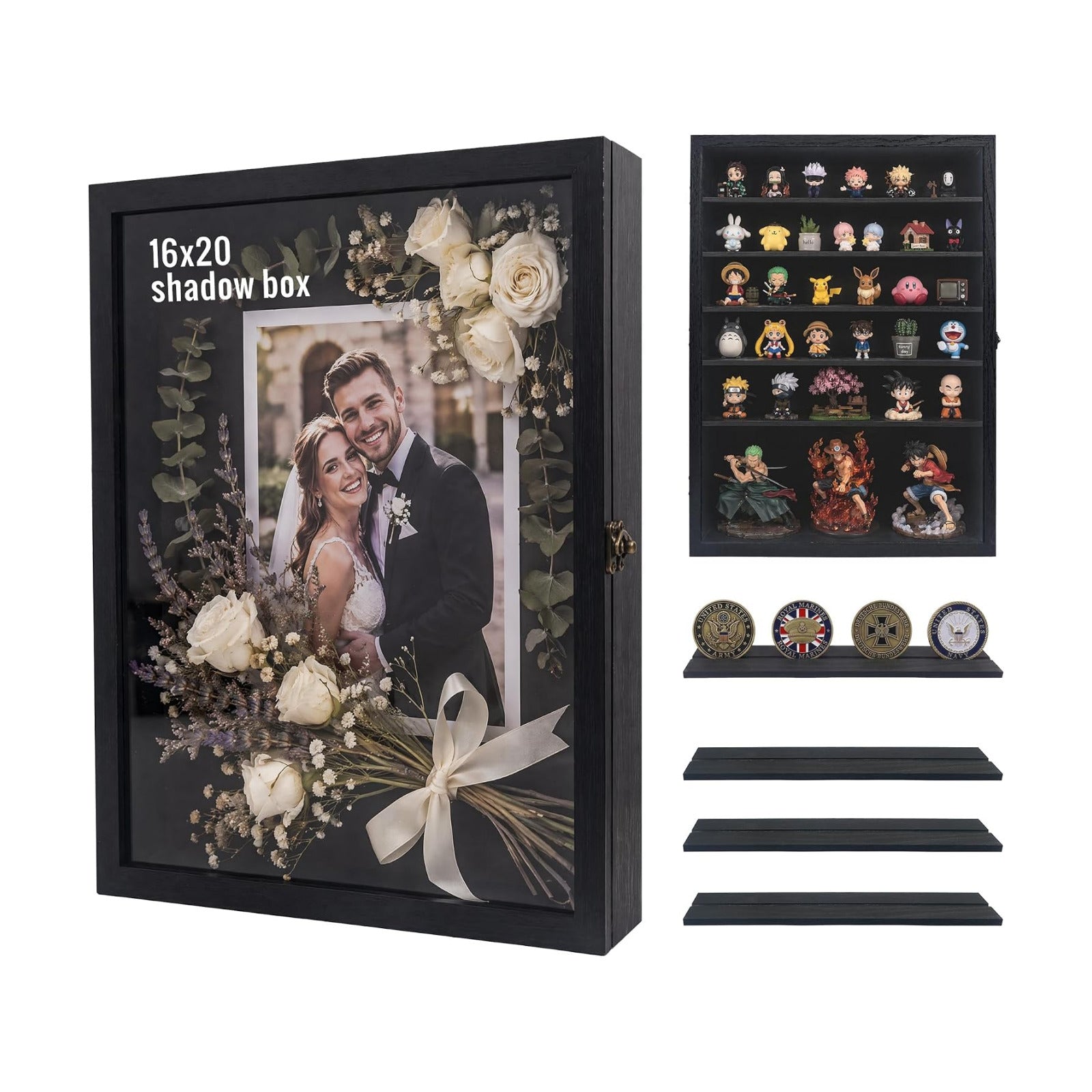 16x20 Wooden Shadow Box Frame with Removable Shelves Deep Display Case for Military Medals Keepsakes Black