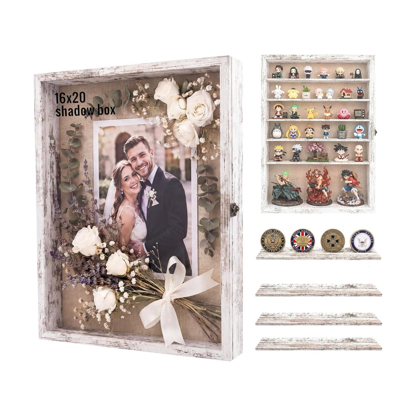 16x20 Wooden Shadow Box Frame with Removable Shelves Deep Display Case for Military Medals Keepsakes White
