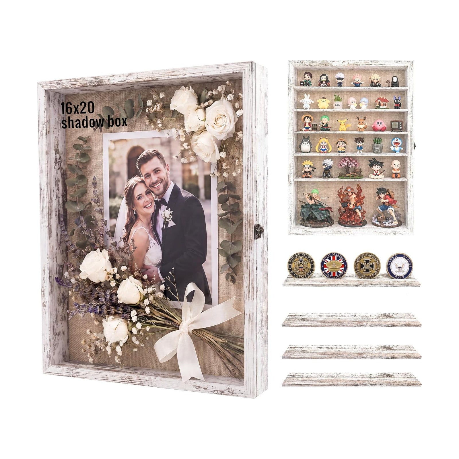 16x20 Wooden Shadow Box Frame with Removable Shelves Deep Display Case for Military Medals Keepsakes White
