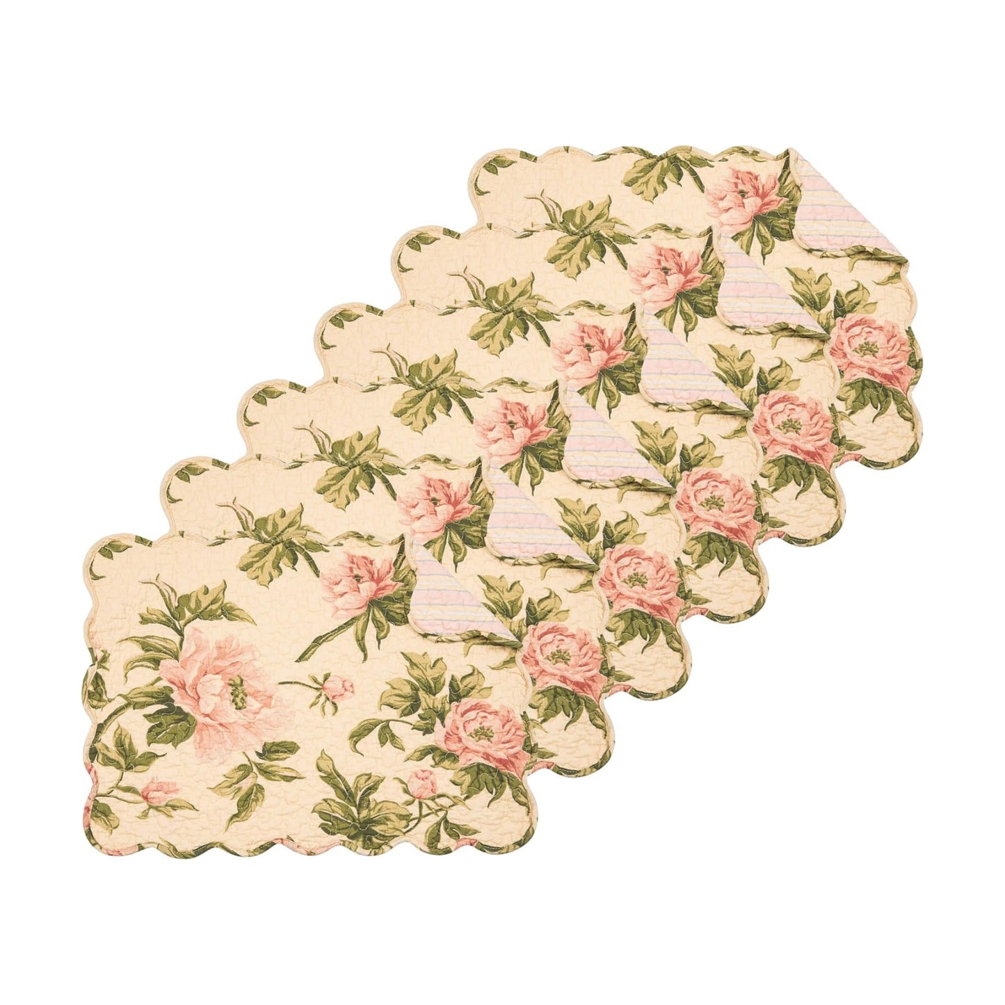 C&F Home Journee Reversible Scalloped Quilted Vintage Floral Flower Themed Dining Tabletop Placemats Set of 6 All