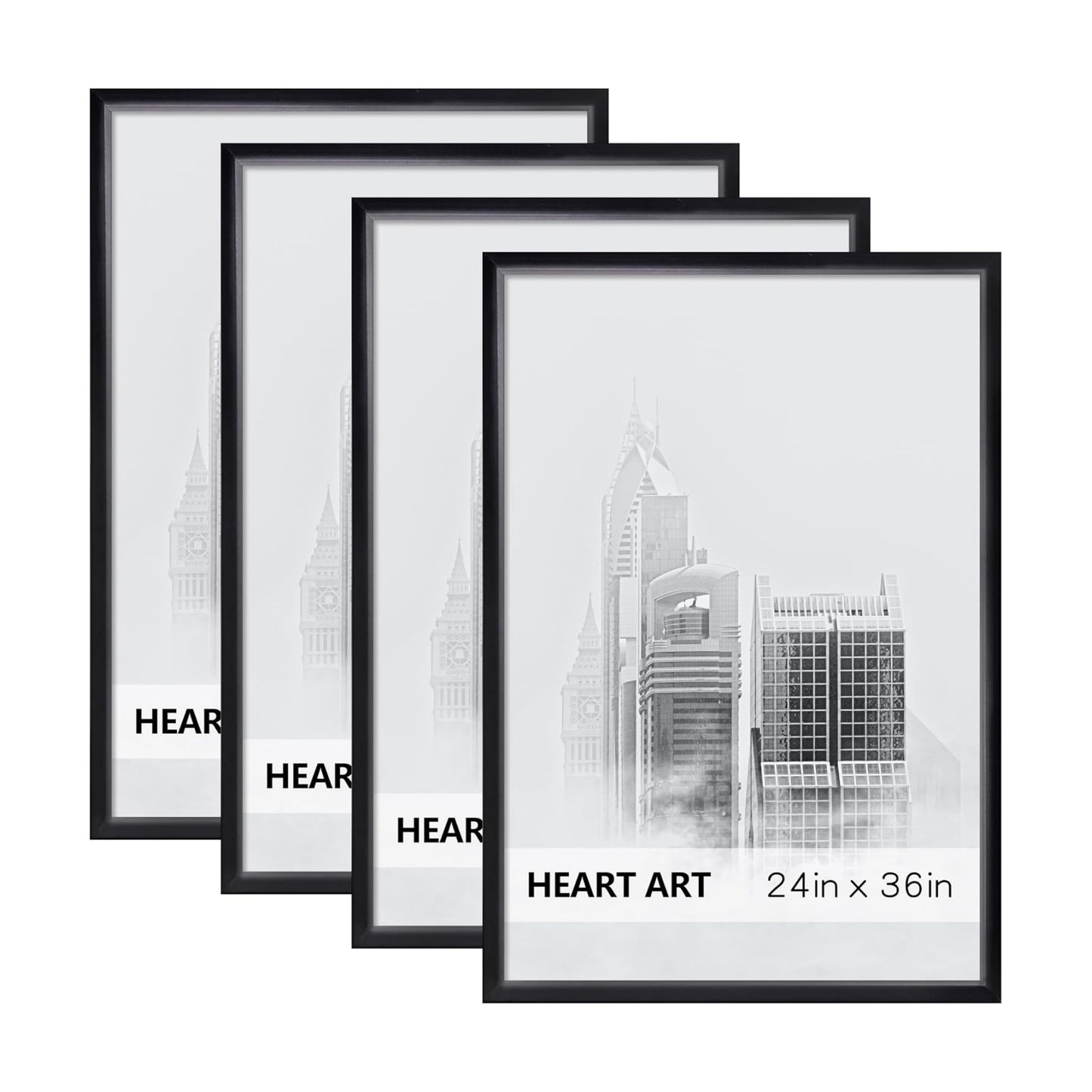 HEART ART 24x36 Poster Frames Without Mat Set of 4, Black | wall picture display 24 x 36 Poster Frames