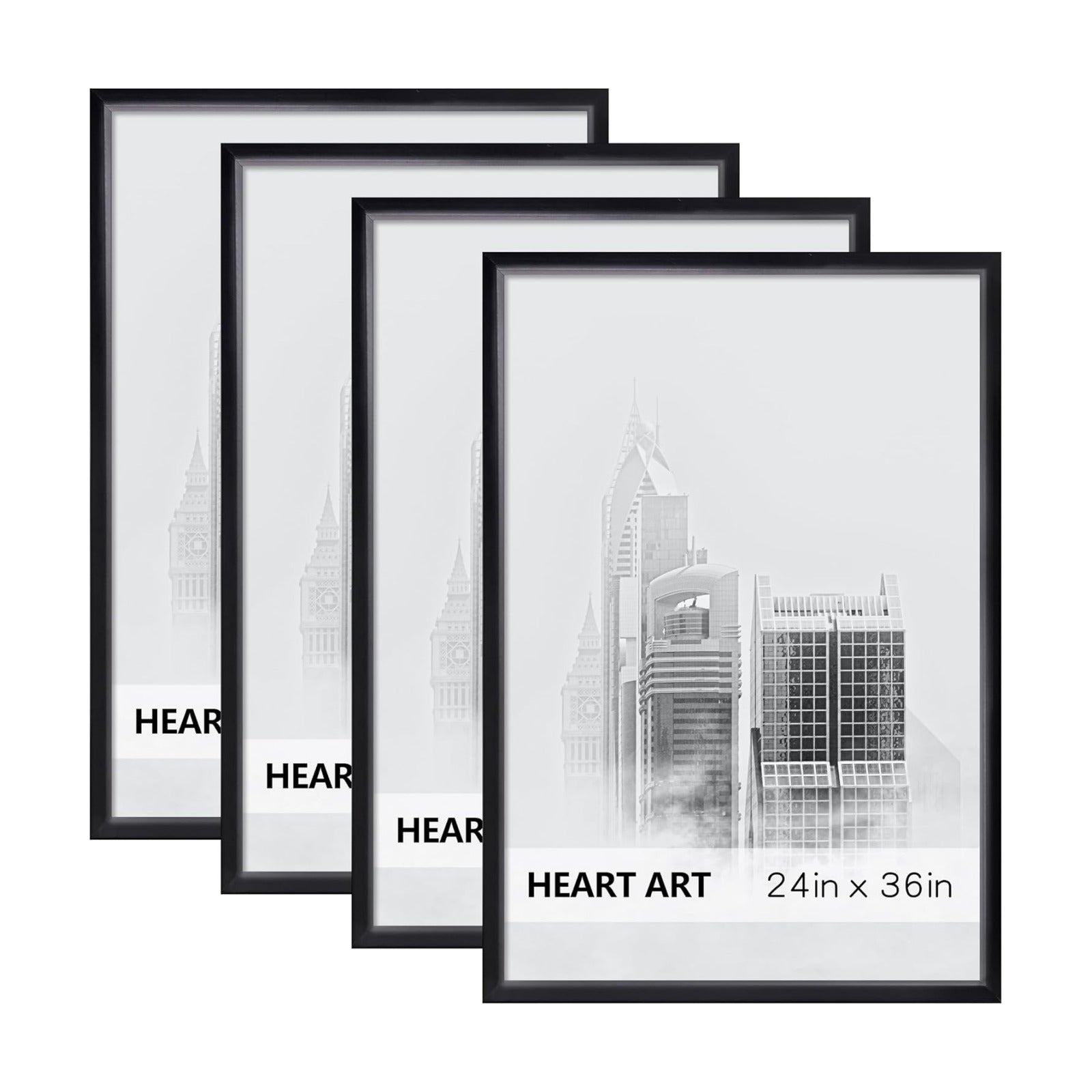 HEART ART 24x36 Poster Frames Without Mat Set of 4, Black | wall picture display 24 x 36 Poster Frames