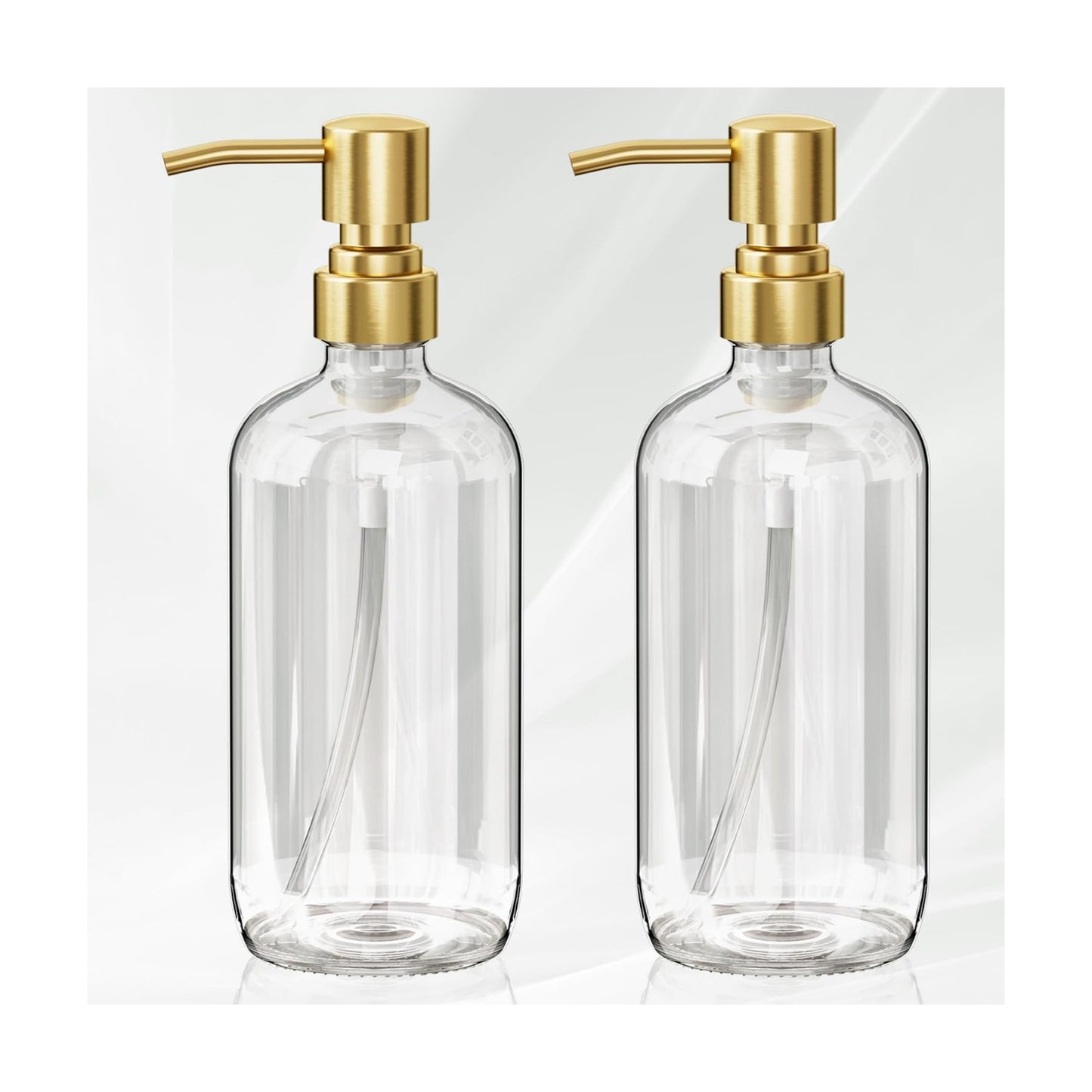 AmazerBath Soap Dispenser, 2 Pack Glass Soap Dispenser with Pump Stainless Steel, 17 Oz Clear Gold Hand Soap Dispensers