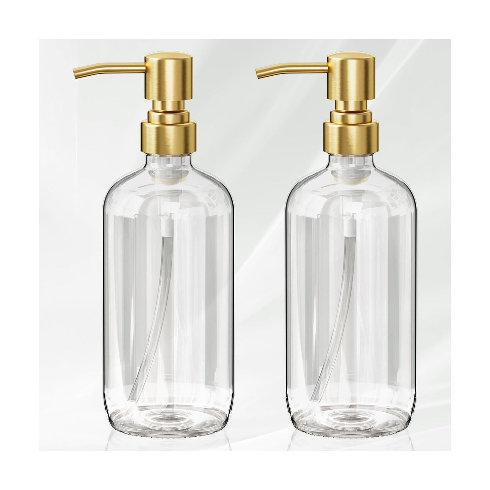 AmazerBath Soap Dispenser, 2 Pack Glass Soap Dispenser with Pump Stainless Steel, 17 Oz Clear Gold Hand Soap Dispensers