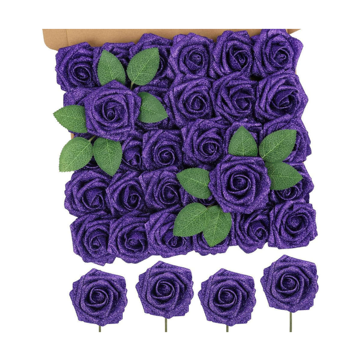 30PCS Purple Glitter Artificial Roses with Stems, Real Touch Foam Flowers