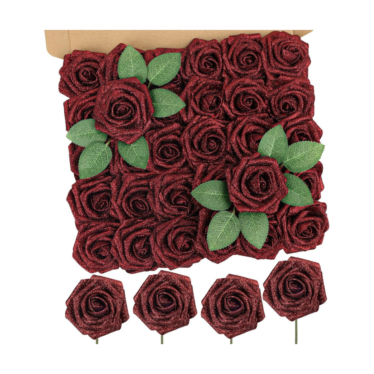 30PCS Red Glitter Artificial Roses with Stems, Real Touch Foam Flowers