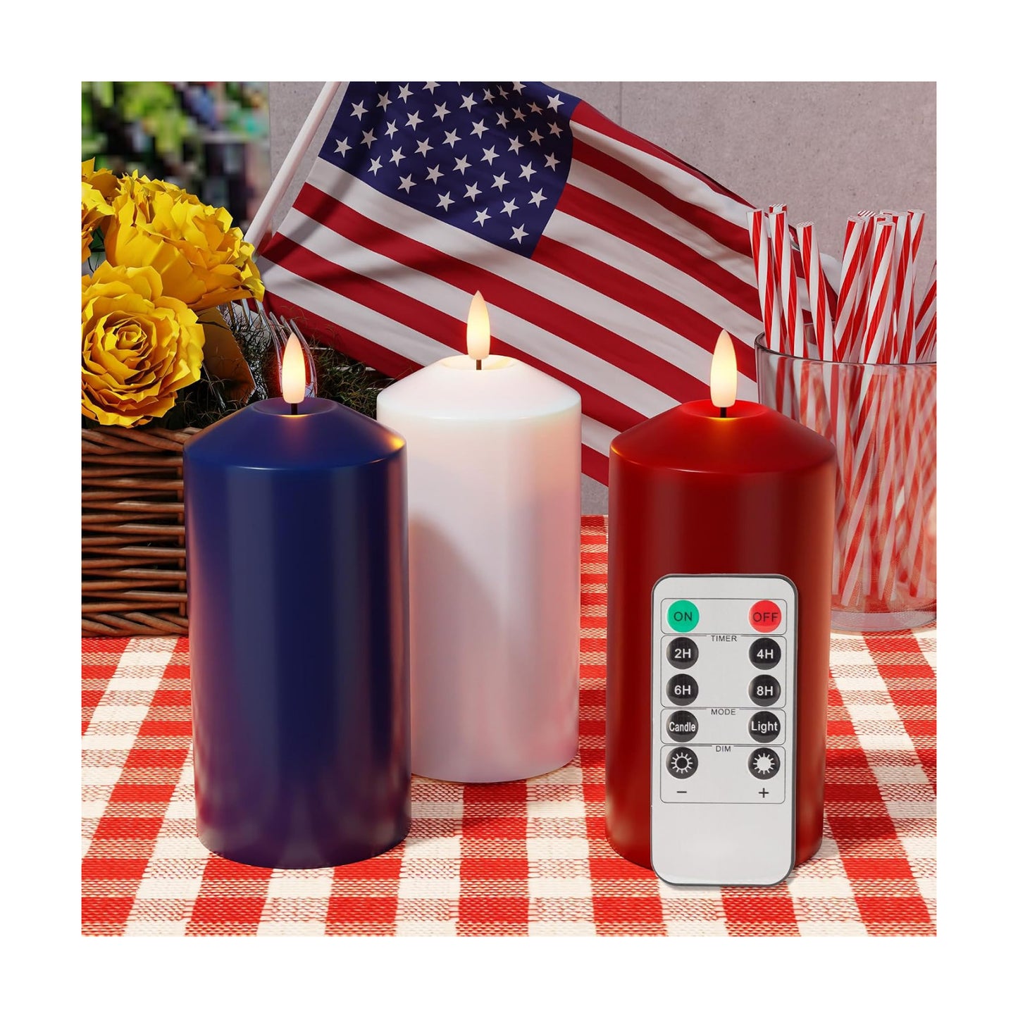 Patriotic Red White & Blue Candles, 4th of July LED Candle Real Wax | Flameless Pillar Candles with Remote, Battery