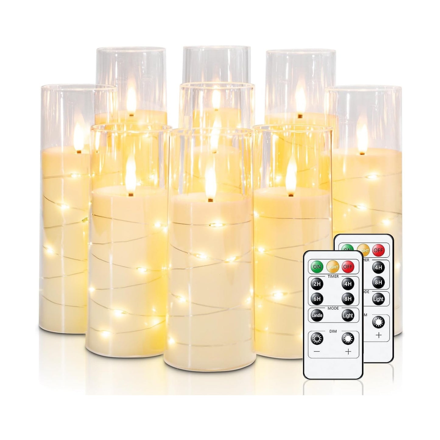 Raycare 9 Pcs Flameless Battery Operated Pillar Candles with Remote Timer | Acrylic LED Candle with Embedded String