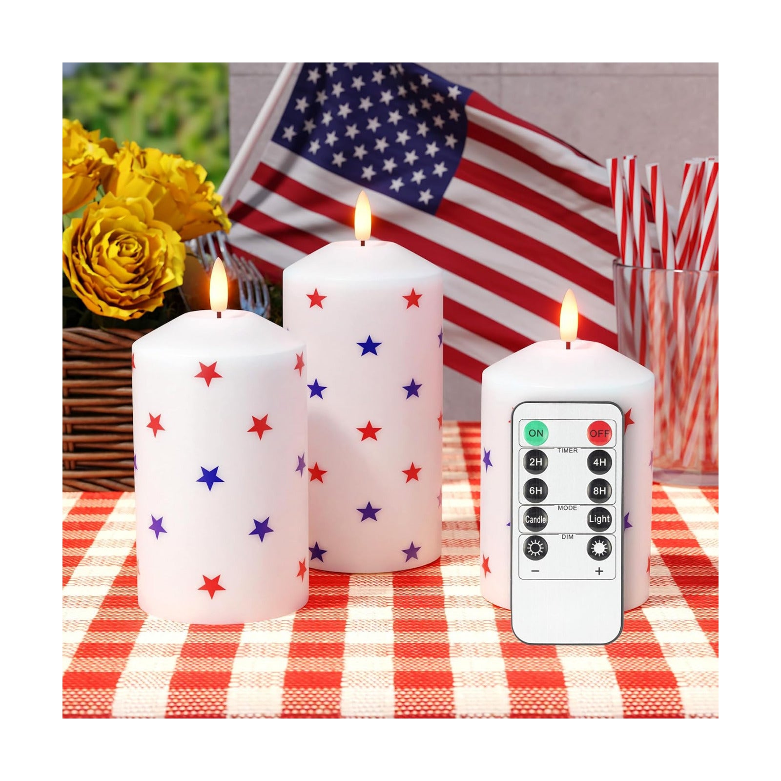 Patriotic Red White & Blue Star Candles, 4th of July LED Candles | Real Wax, Flickering Flameless Pillar Candles with