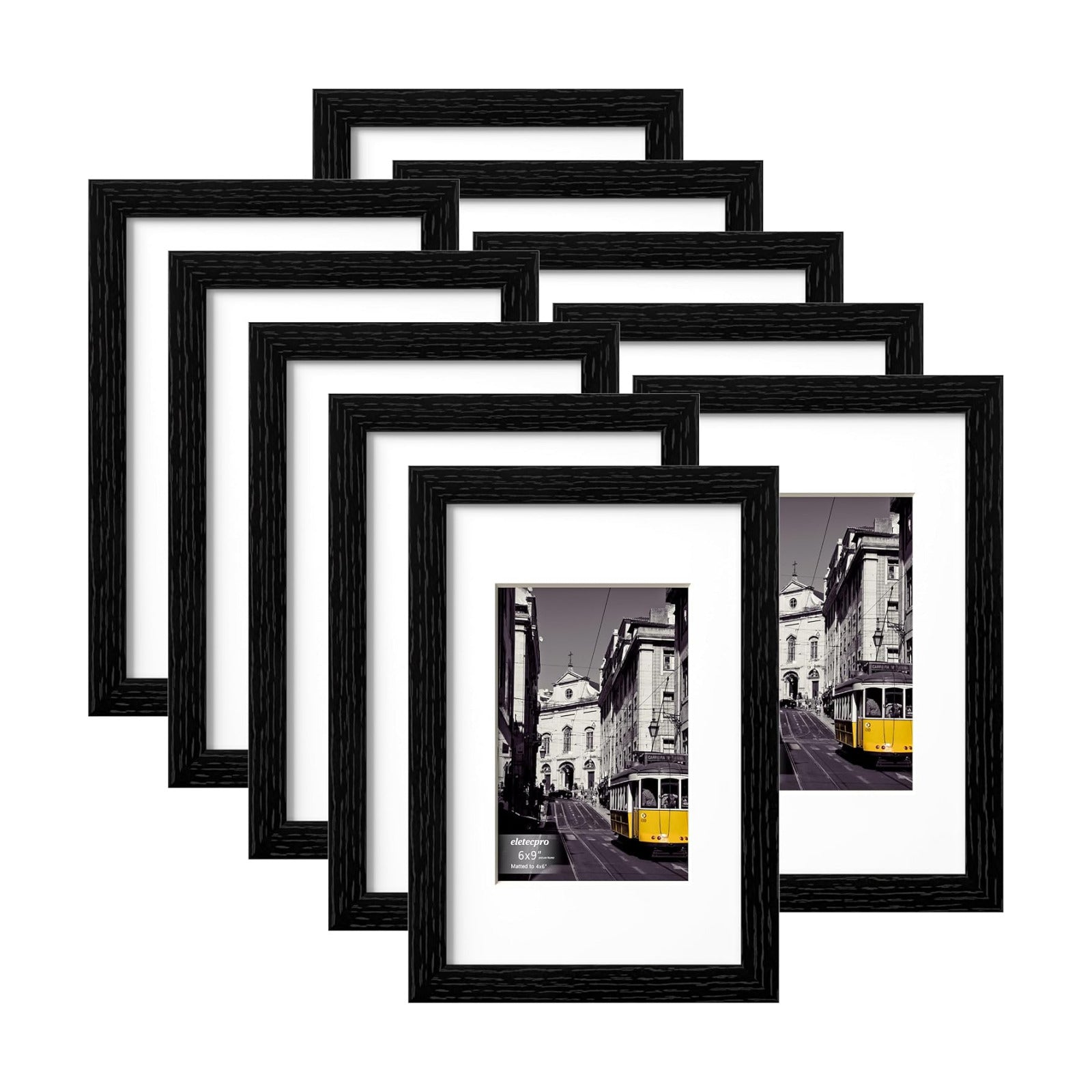 eletecpro 6x9 Picture Frames, Acrylic Cover, Black, Set of 10 | Display Photo 4x6 with Mat or 6x9 without, Horizontal