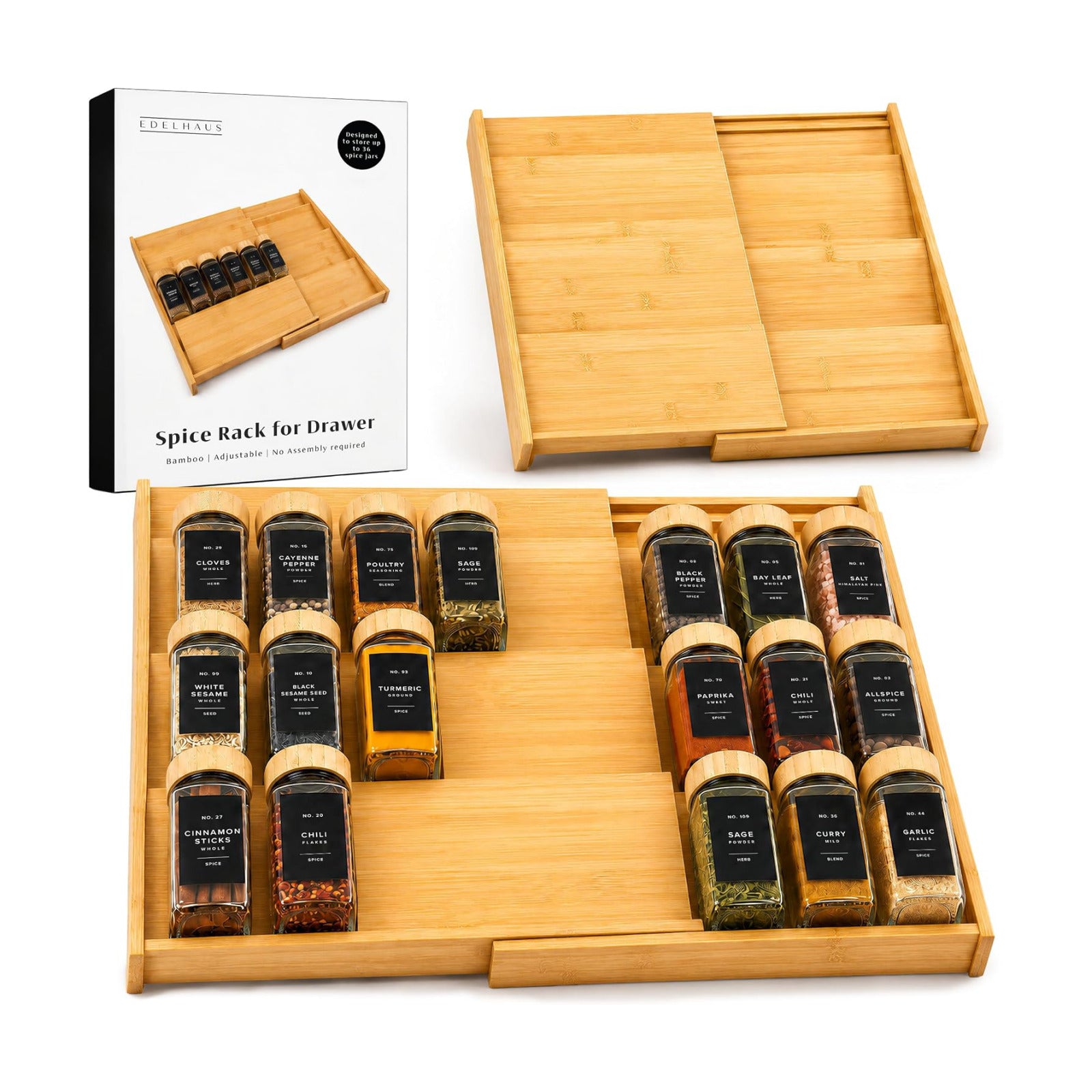 Bamboo Spice Drawer Organizer - Expandable 4 Tier Spice Rack (Need 3" Deep Drawer) 12" to 24" Wide, Seasoning