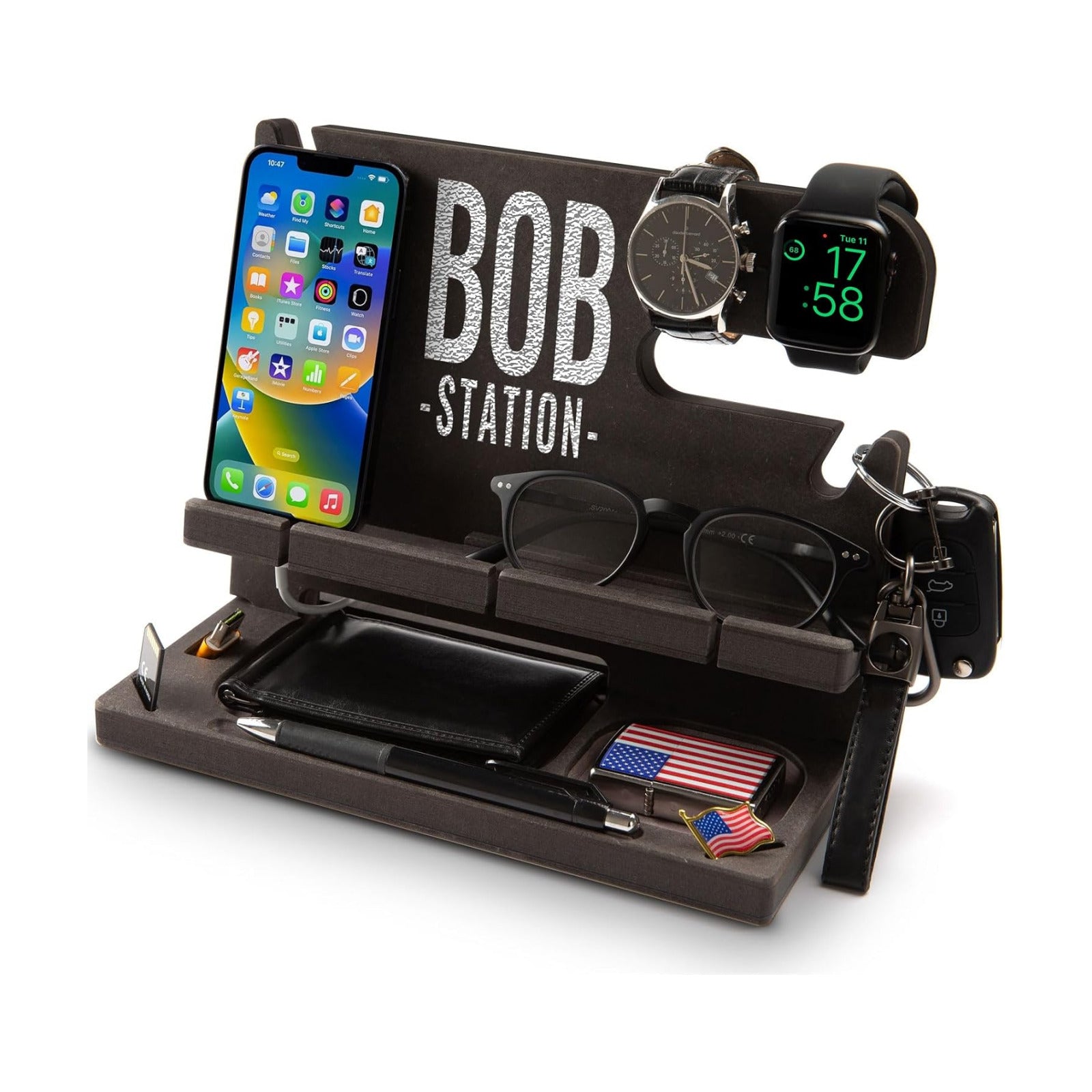 Personalized Wood Docking Station for Cell Phone, Tablet, Wallet, Gadgets, Watch, Keys, Accessories, Essentials Desk