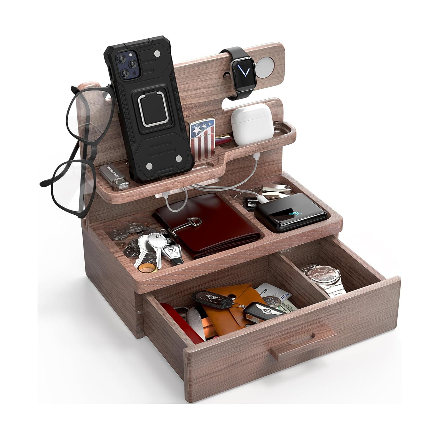 BarvA Phone Docking Station with Drawer Organizer | Night Stand Desk Charging Station | Upgraded Nightstand Organizer
