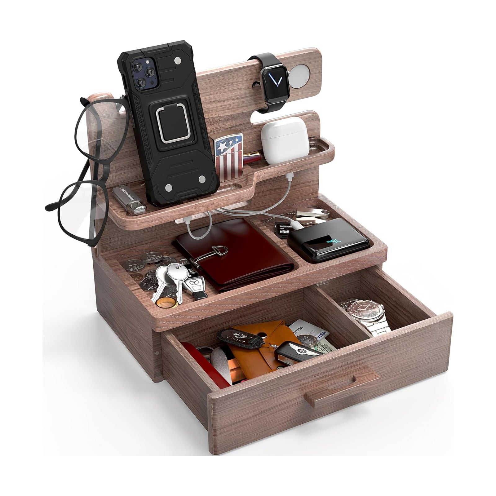 BarvA Phone Docking Station with Drawer Organizer | Night Stand Desk Charging Station | Upgraded Nightstand Organizer