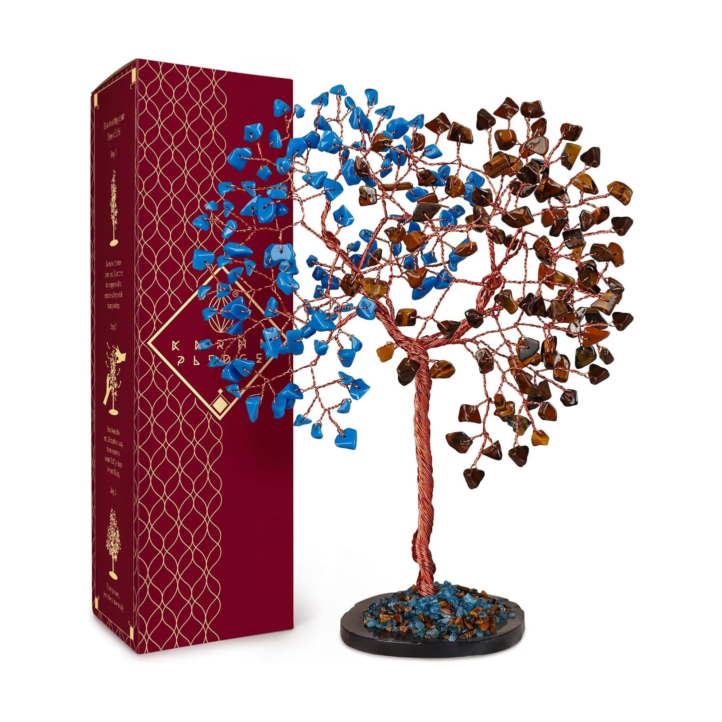 Handmade Healing Crystal Tree of Life Pink Tiger Eye and Turquoise Chakra Tree for Money, Good Luck, Feng Shui Home