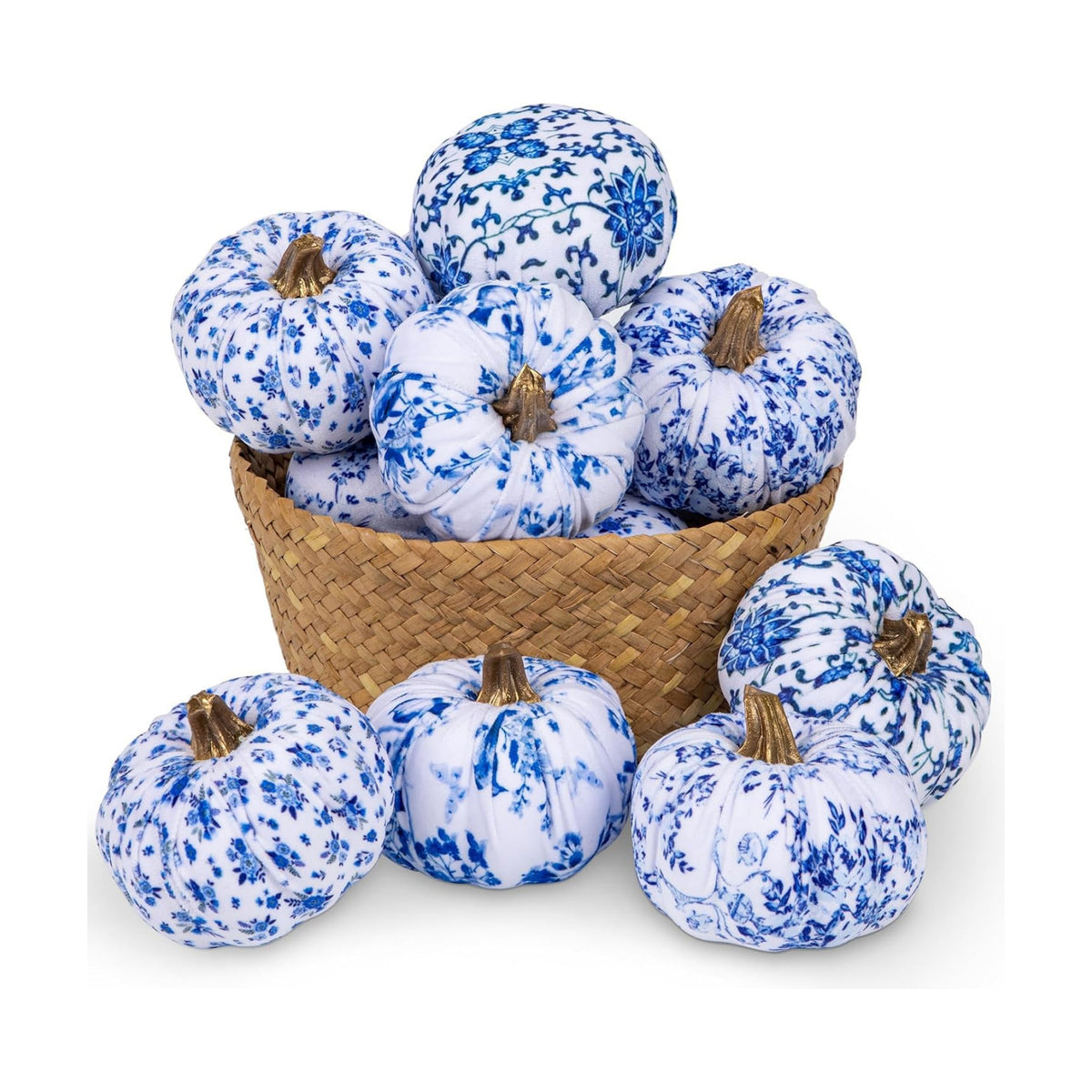 GnFlus Fake Pumpkin Decor 8 Pcs Faux Pumpkins Small Blue and White Velvet Pumpkins Mini Artificial Pumpkin Fall Decorations for Home Table Farmhouse Mantel Halloween Thanksgiving