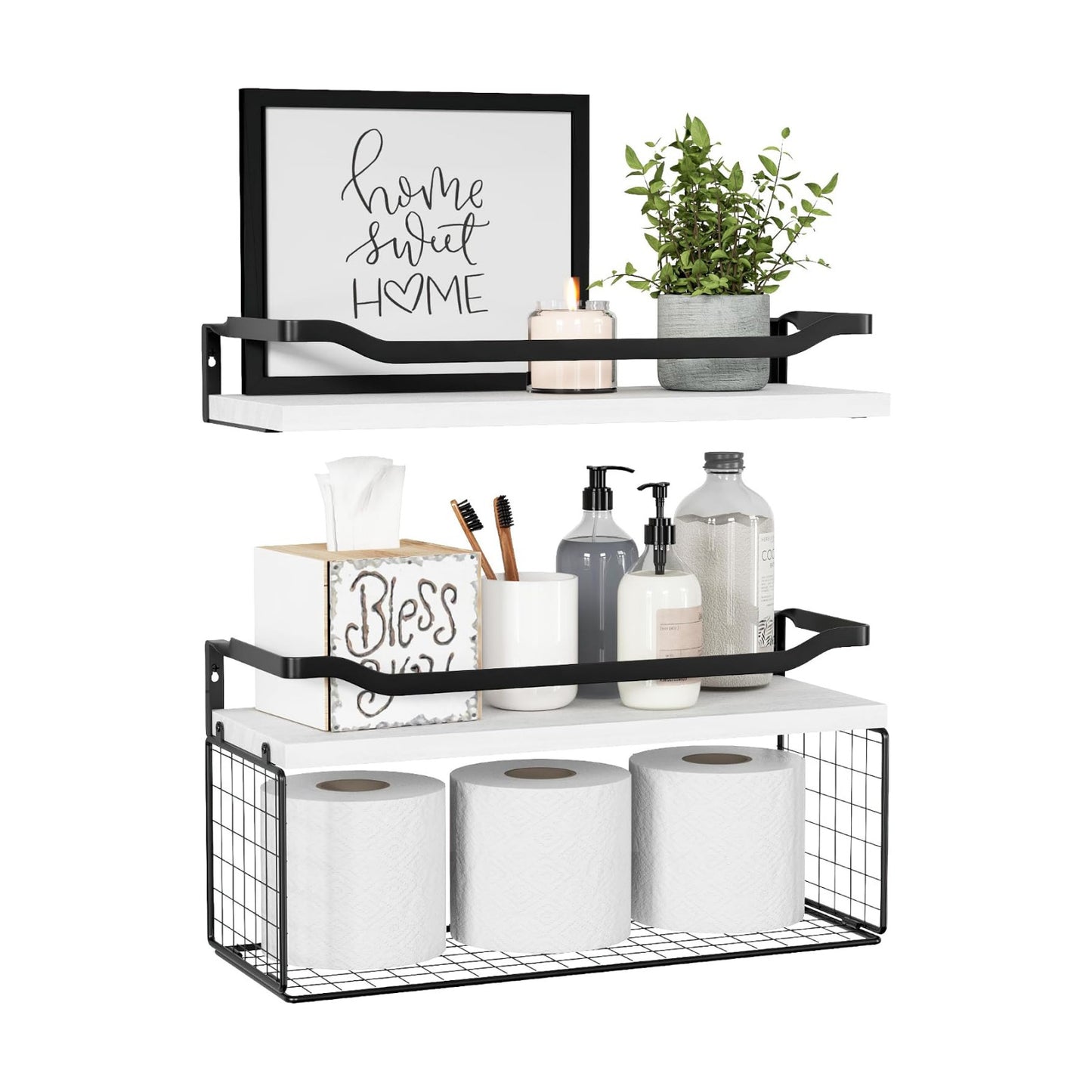 Bathroom Shelves Over Toilet with Protective Metal Guardrail | Floating Shelves with Wire Storage Basket, Wood Wall